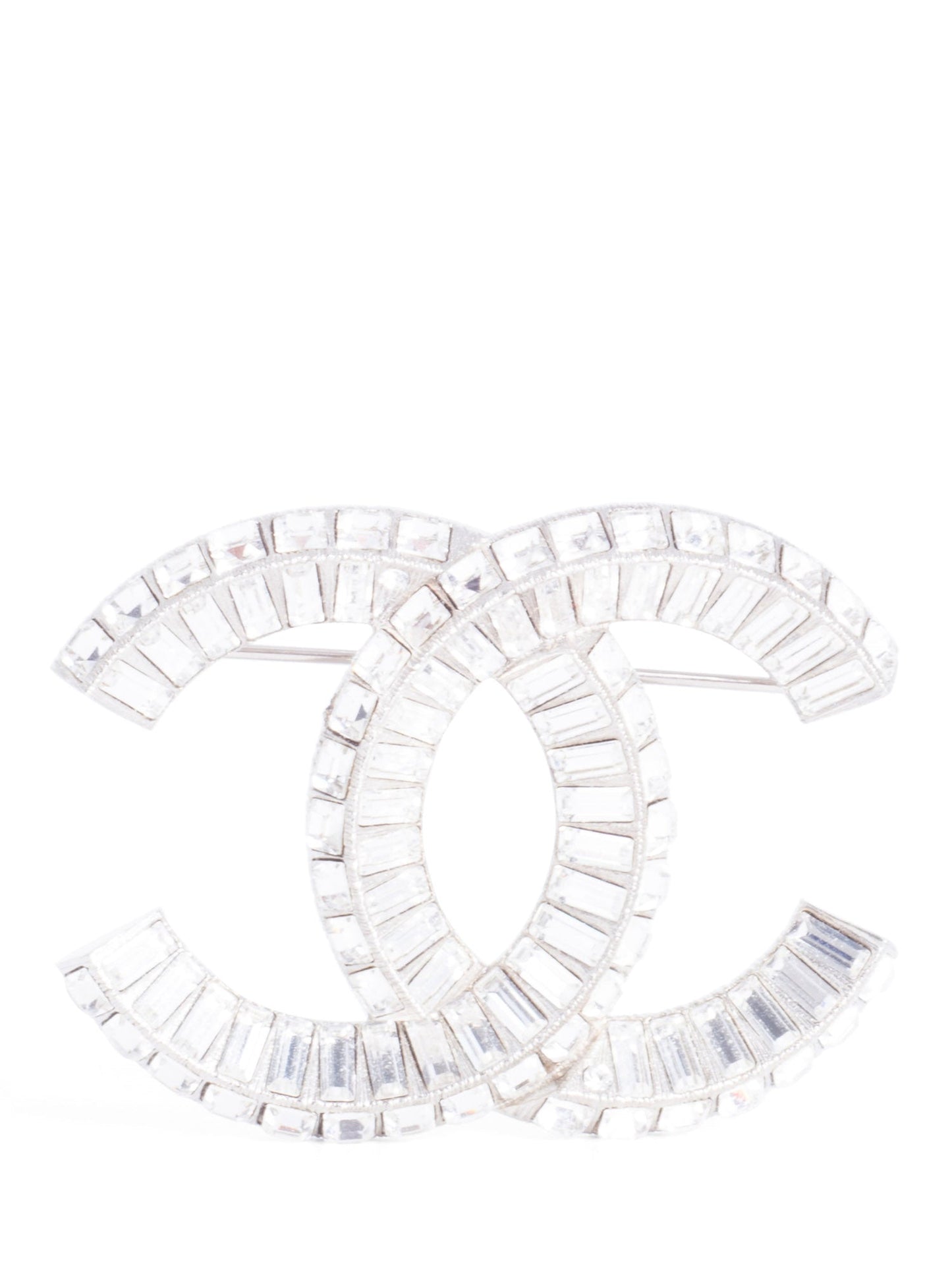 Chanel CC Logo Swarovski Crystal Large Brooch Pin Silver