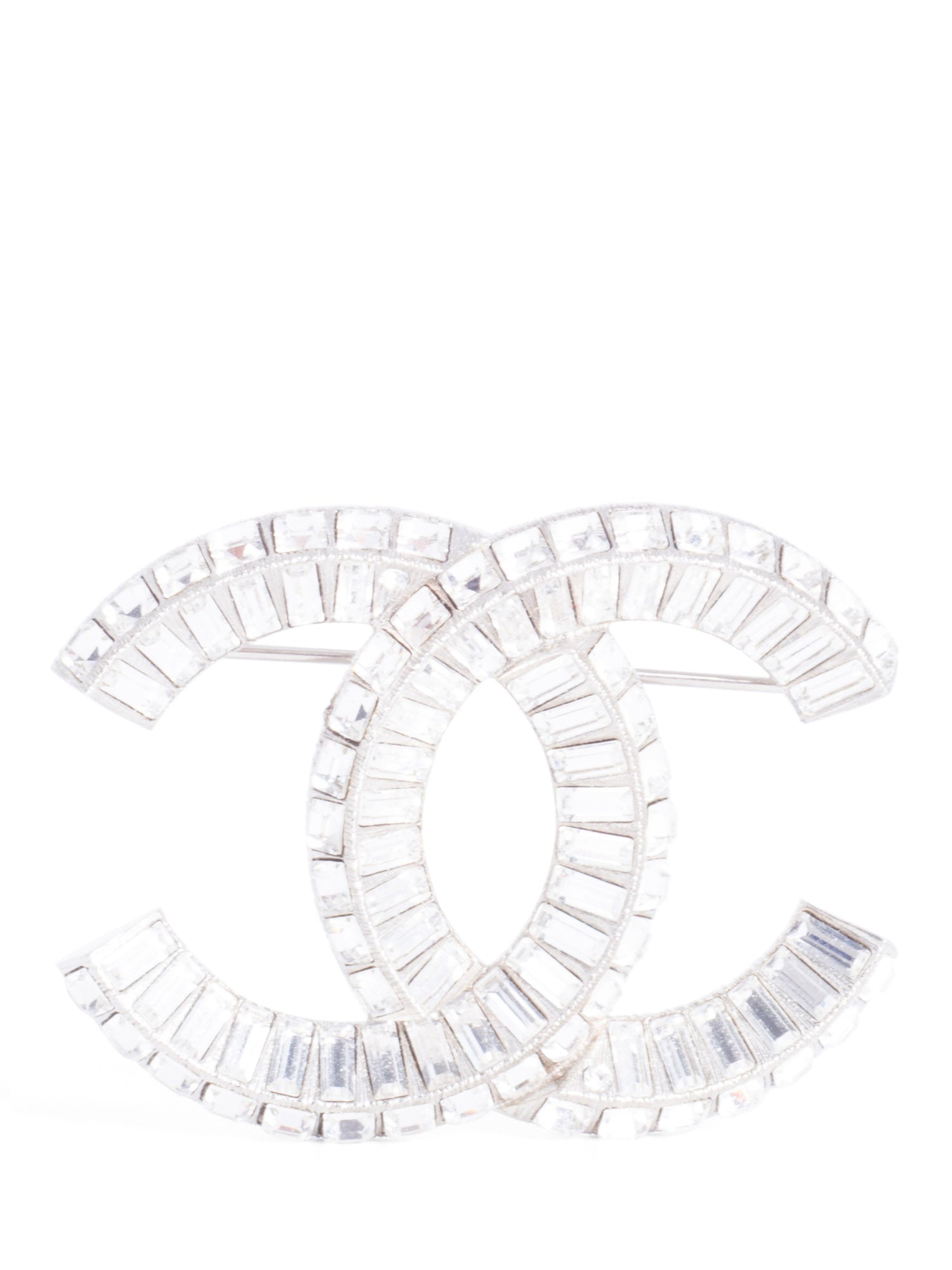 Chanel CC Logo Swarovski Crystal Large Brooch Pin Silver