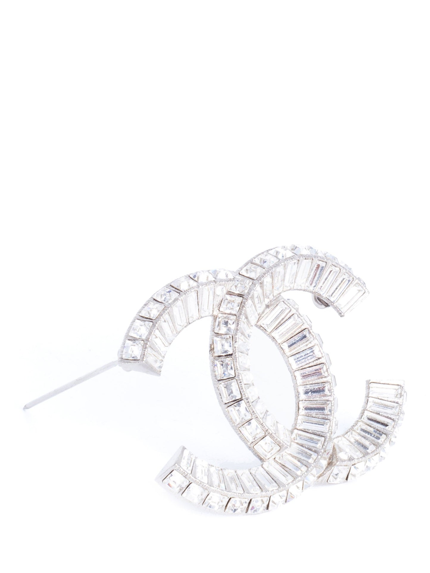 Chanel CC Logo Swarovski Crystal Large Brooch Pin Silver