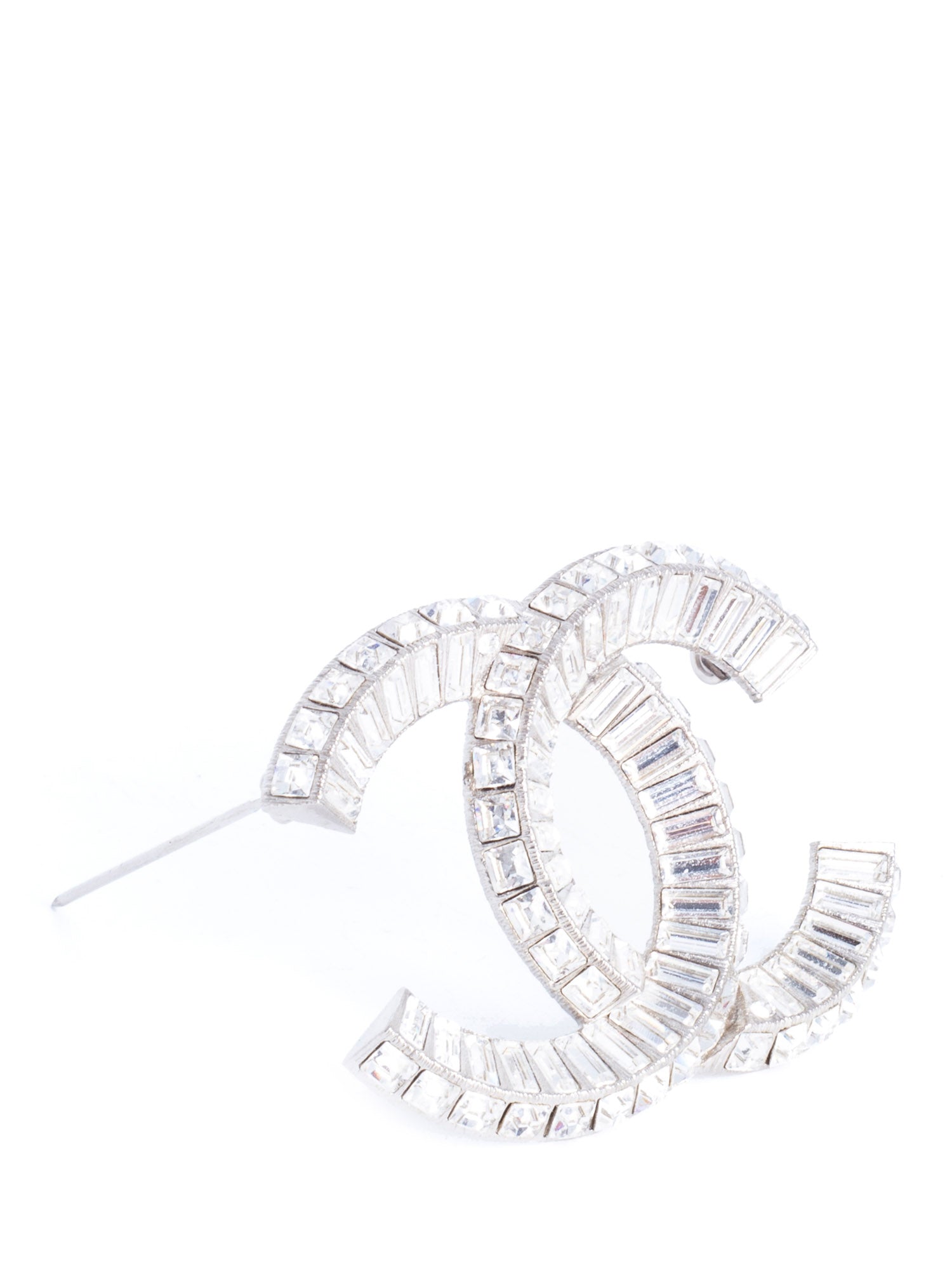 Chanel CC Logo Swarovski Crystal Large Brooch Pin Silver