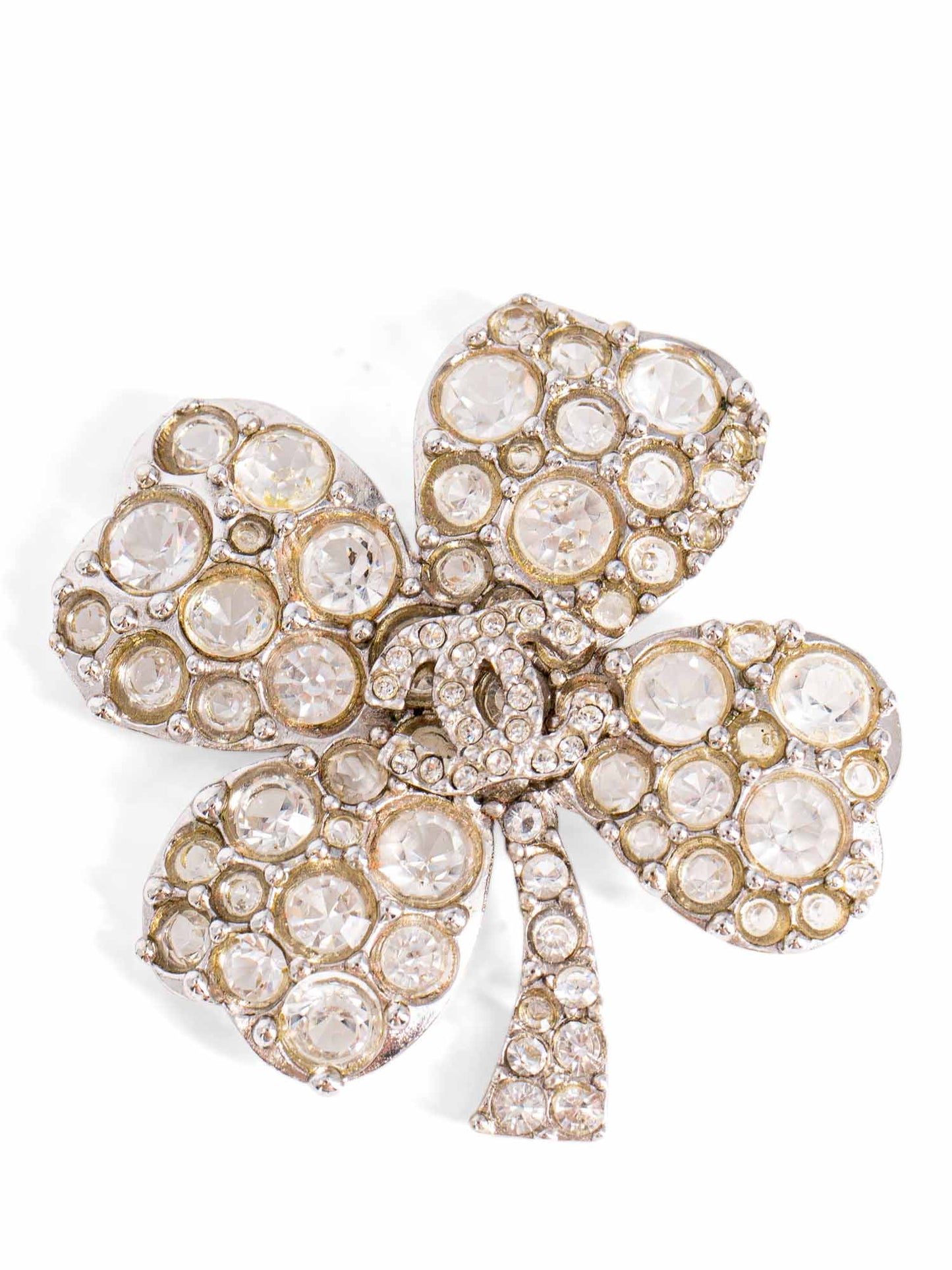 Chanel CC Logo Swarovski Crystal Lucky Clover Pin Brooch Silver