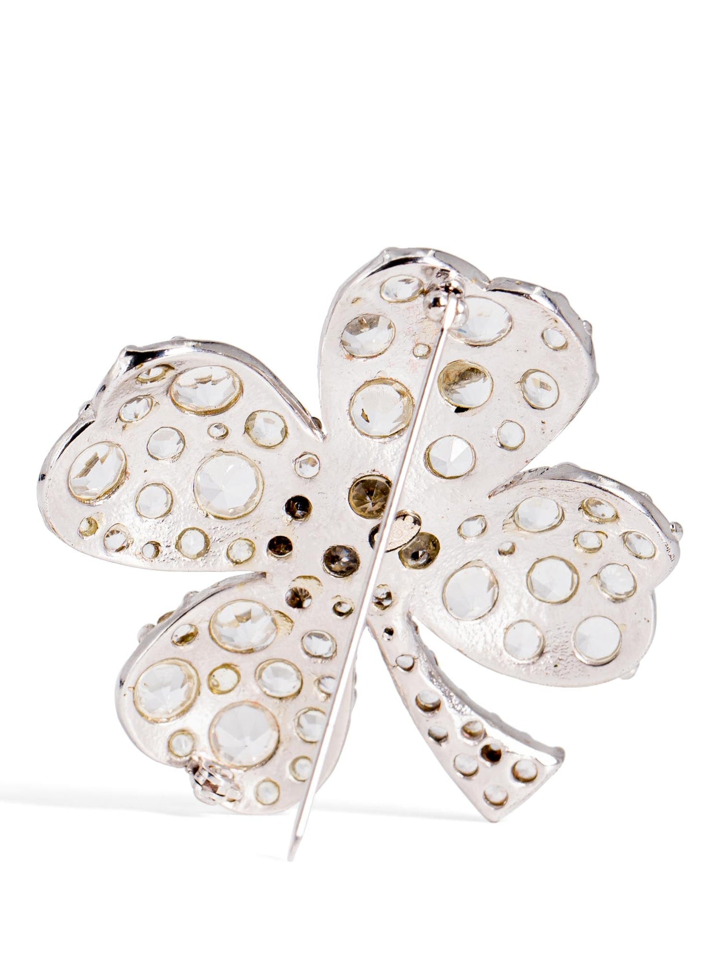 Chanel CC Logo Swarovski Crystal Lucky Clover Pin Brooch Silver