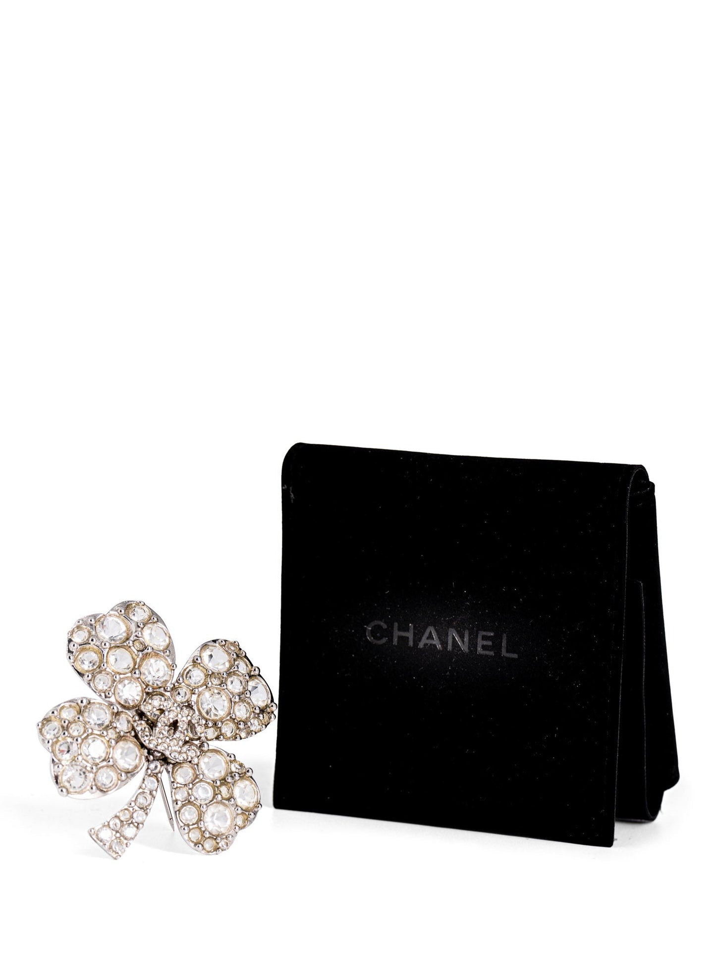 Chanel CC Logo Swarovski Crystal Lucky Clover Pin Brooch Silver