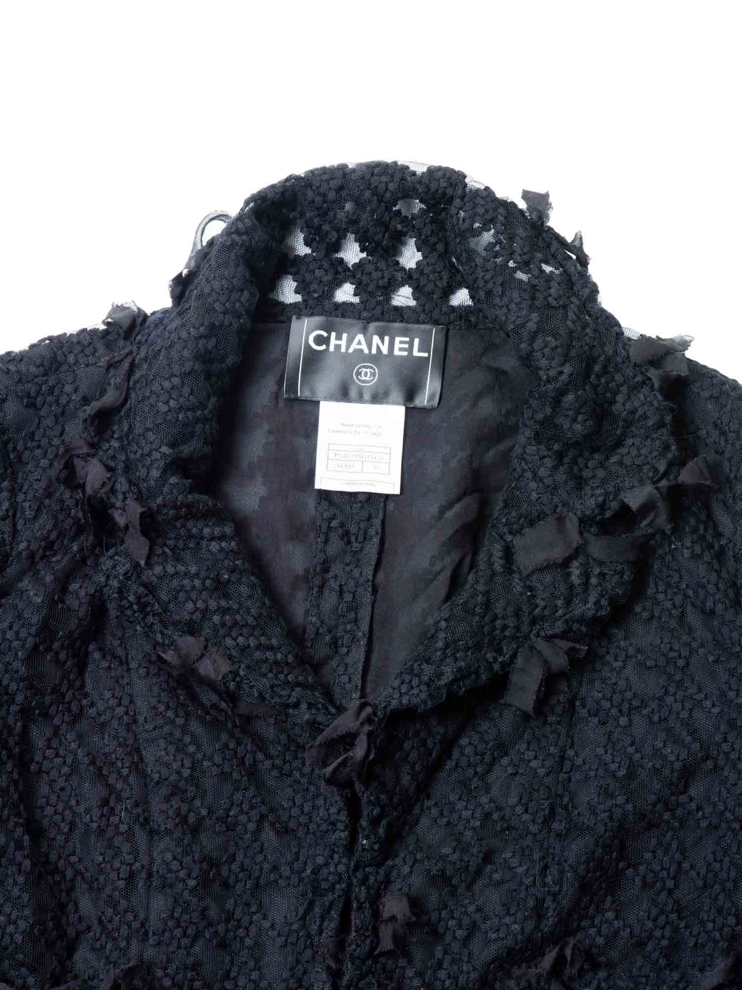 Chanel CC Logo Tweed Fringe Camellia Jacket Black