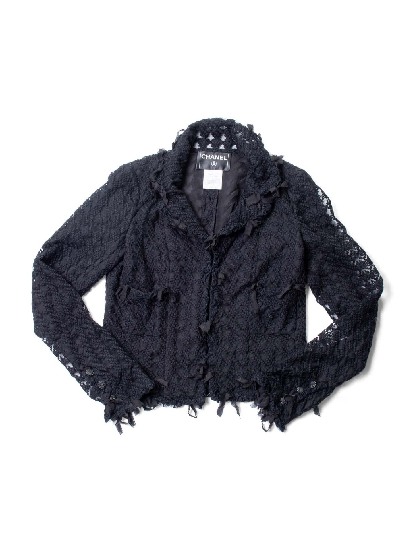 Chanel CC Logo Tweed Fringe Camellia Jacket Black