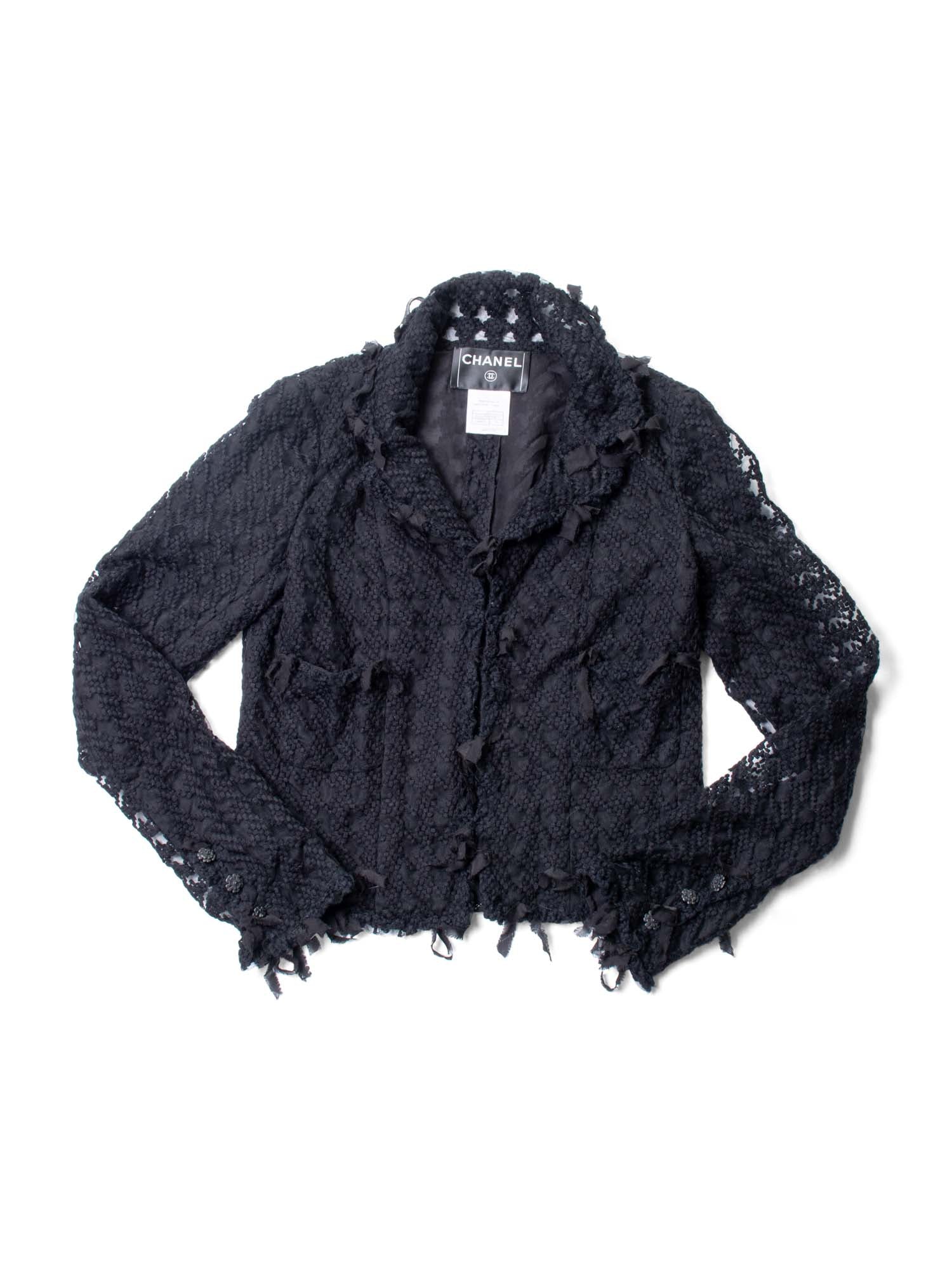 Chanel CC Logo Tweed Fringe Camellia Jacket Black