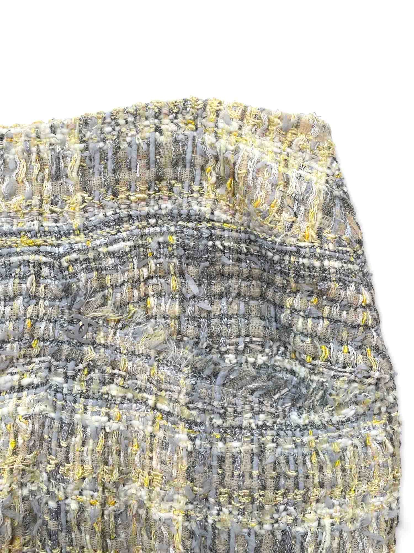 Chanel CC Logo Tweed Fringe Skirt Grey Yellow