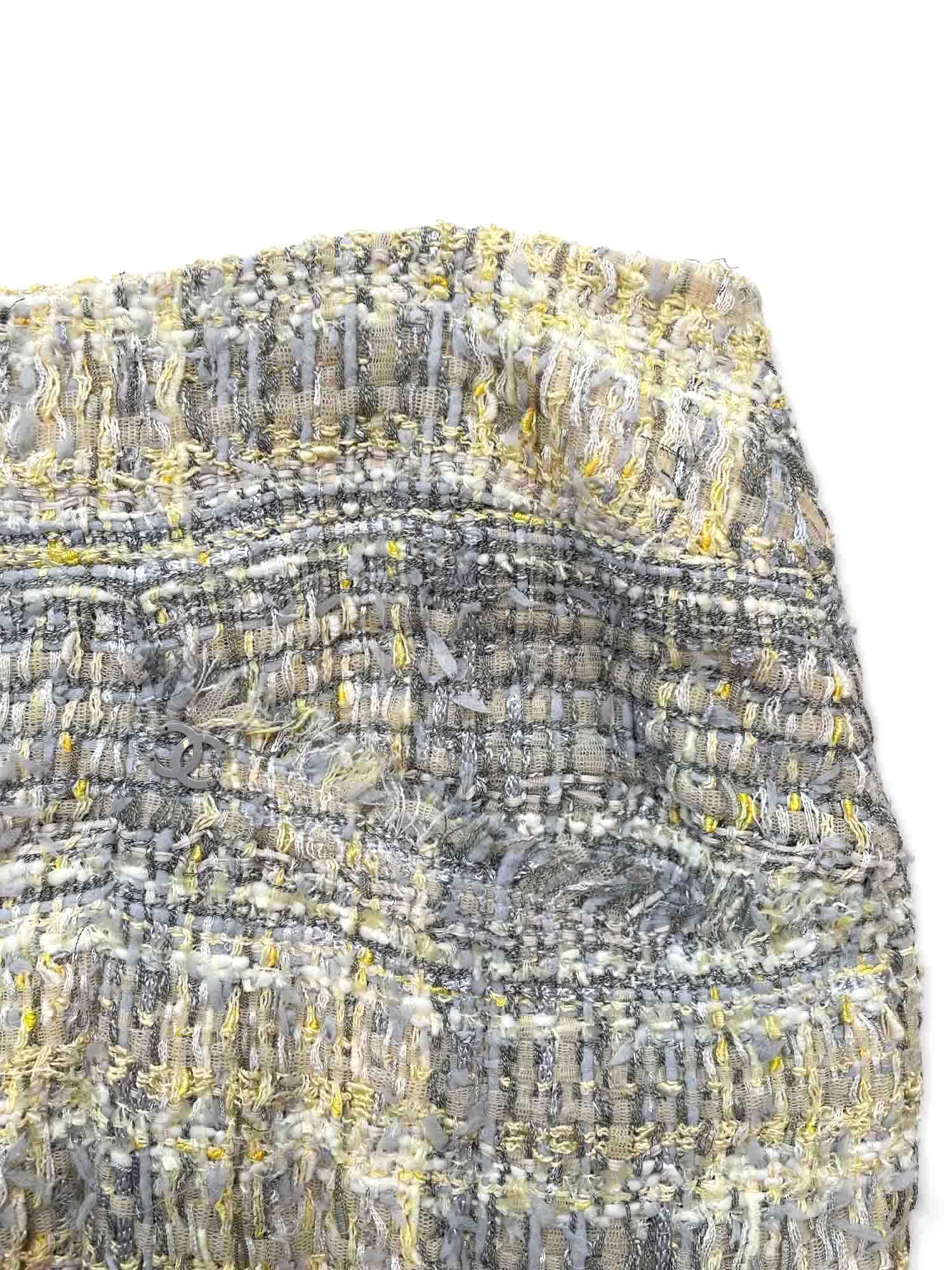 Chanel CC Logo Tweed Fringe Skirt Grey Yellow
