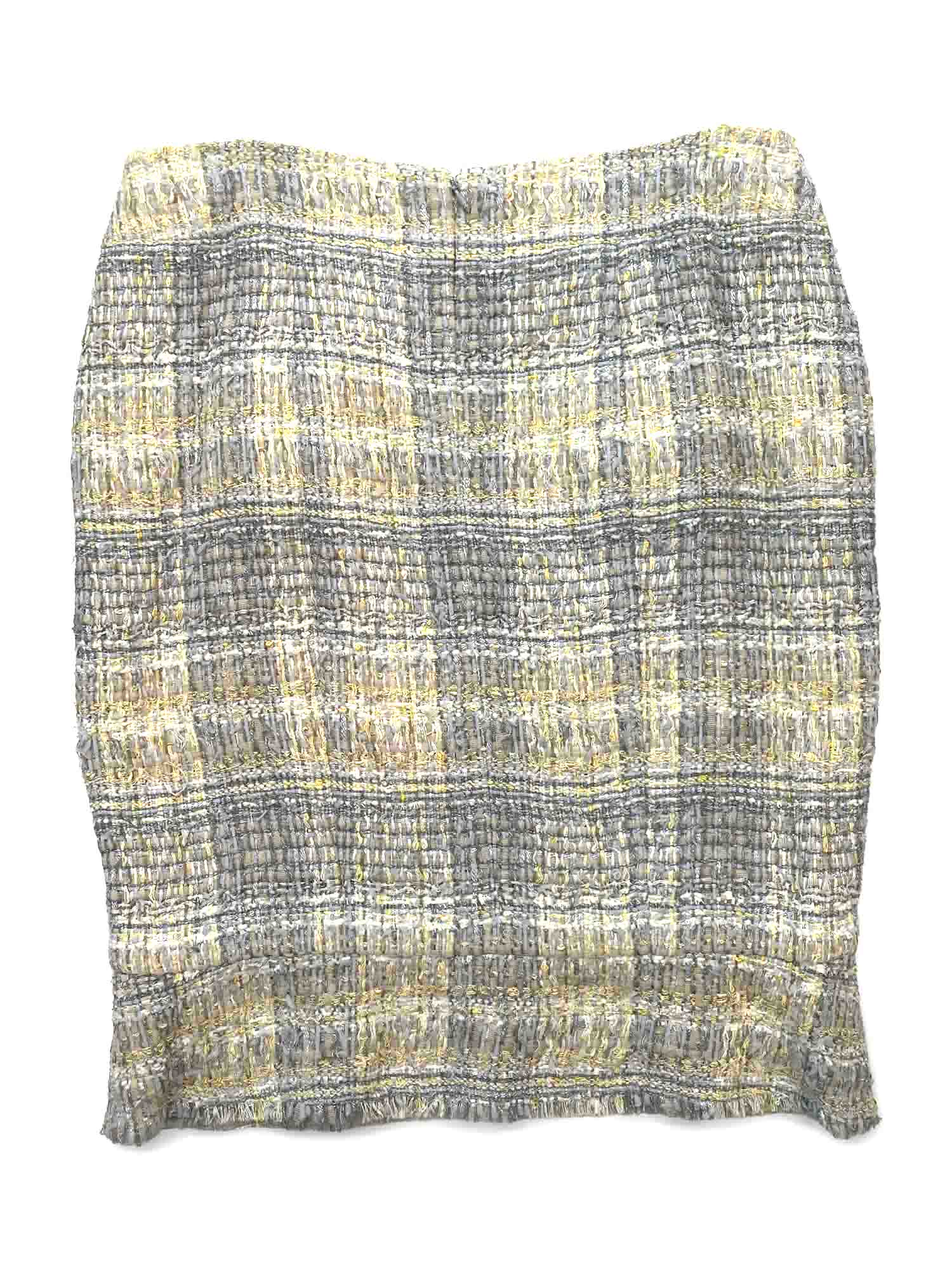 Chanel CC Logo Tweed Fringe Skirt Grey Yellow