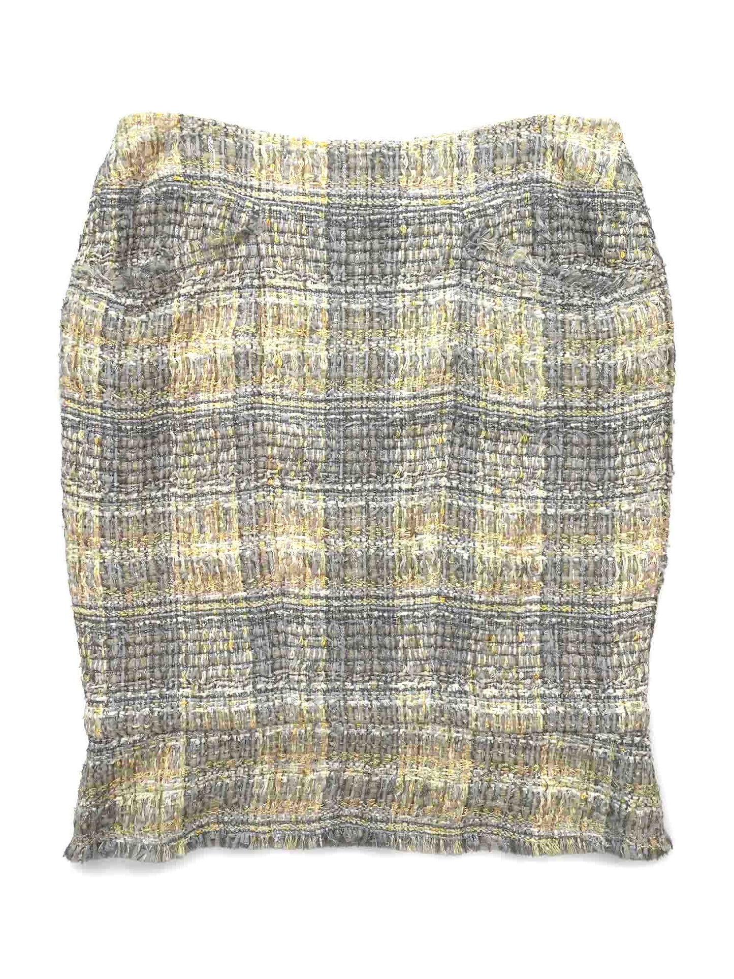 Chanel CC Logo Tweed Fringe Skirt Grey Yellow