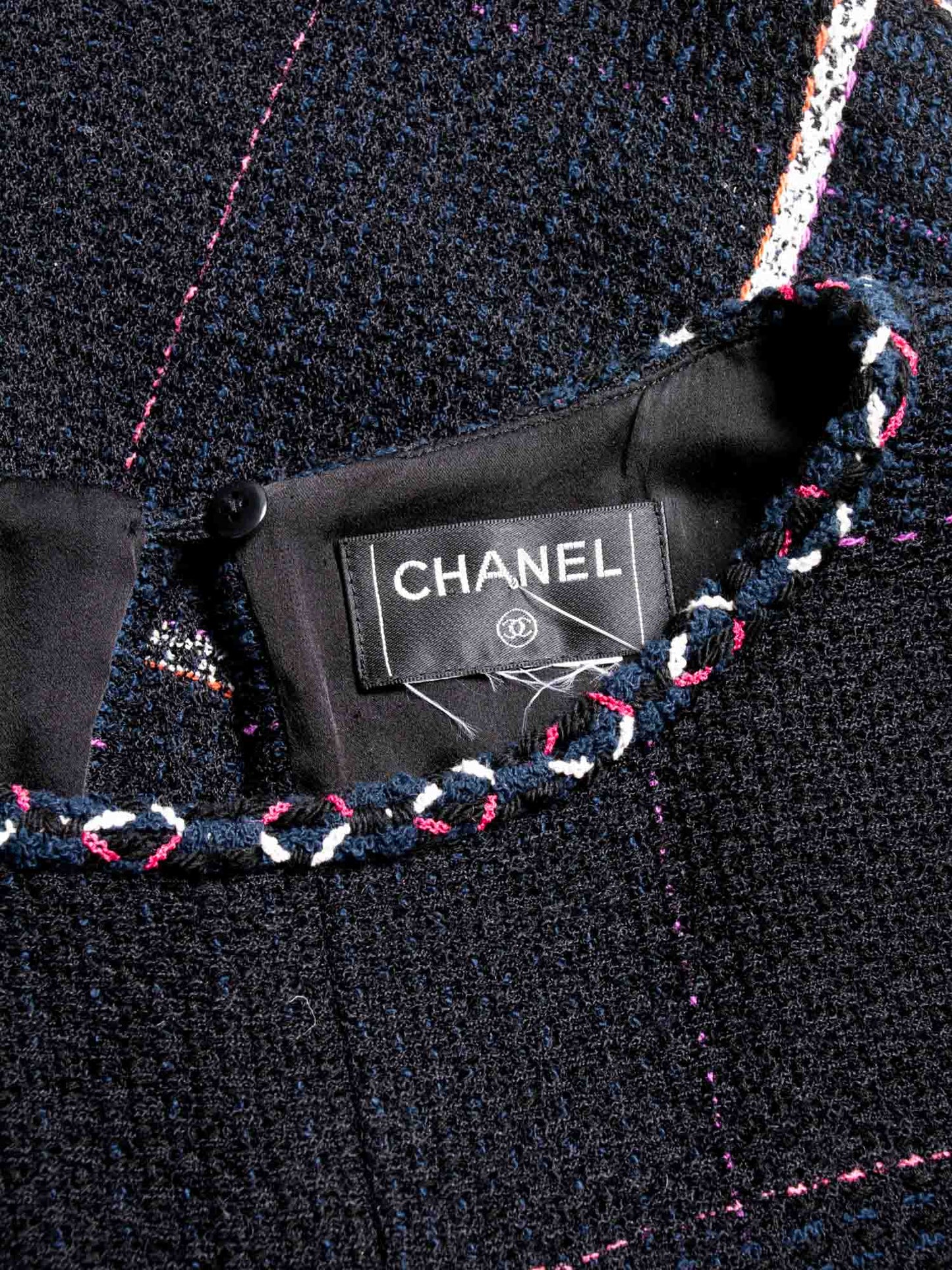Chanel CC Logo Tweed Fringe Top Black Navy Blue