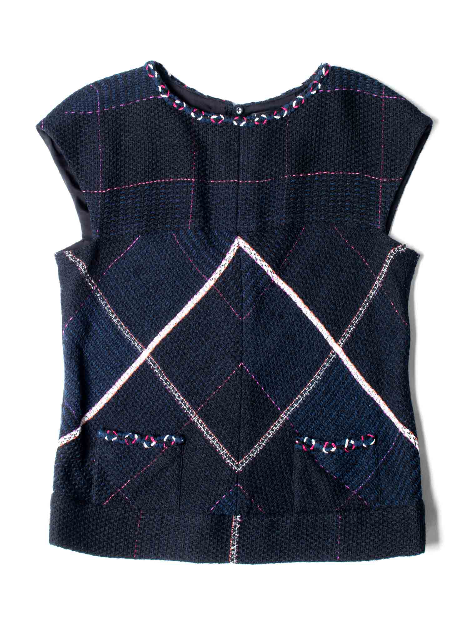 Chanel CC Logo Tweed Fringe Top Black Navy Blue