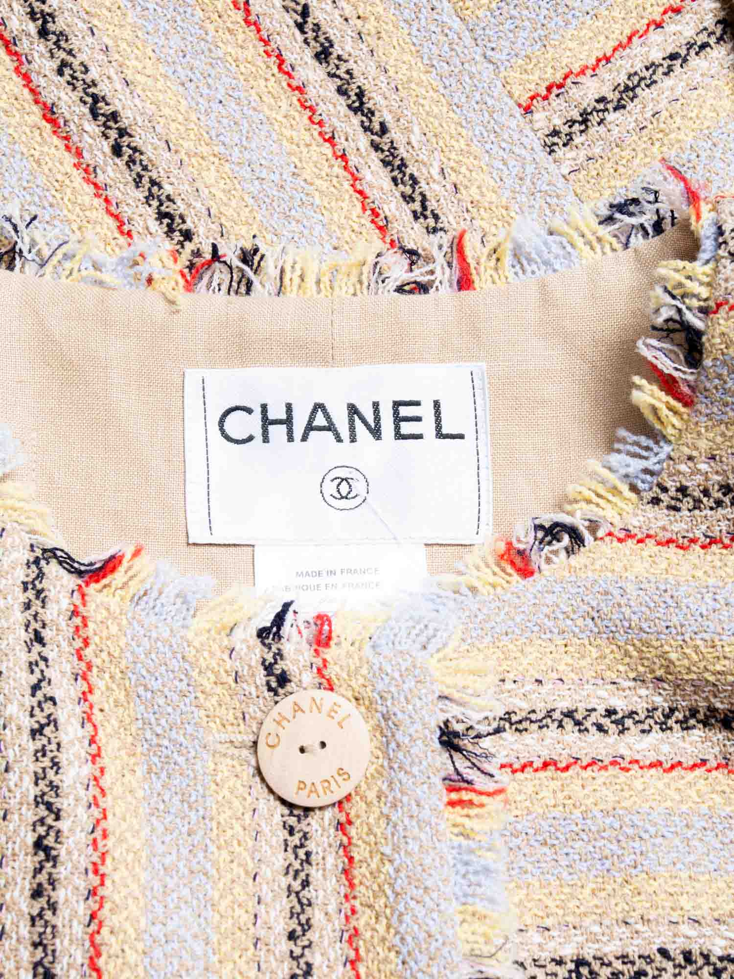 Chanel CC Logo Tweed Fringy Fitted Jacket Beige