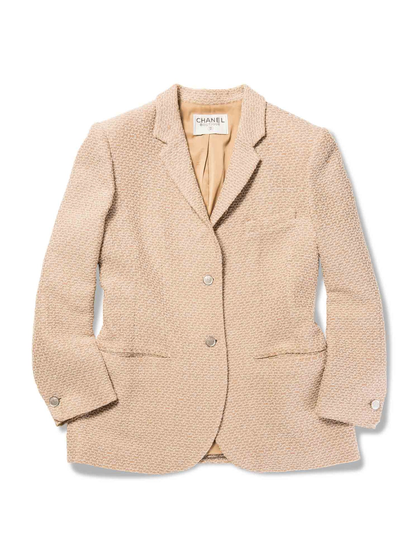 Chanel CC Logo Tweed Jacket Beige White Silver