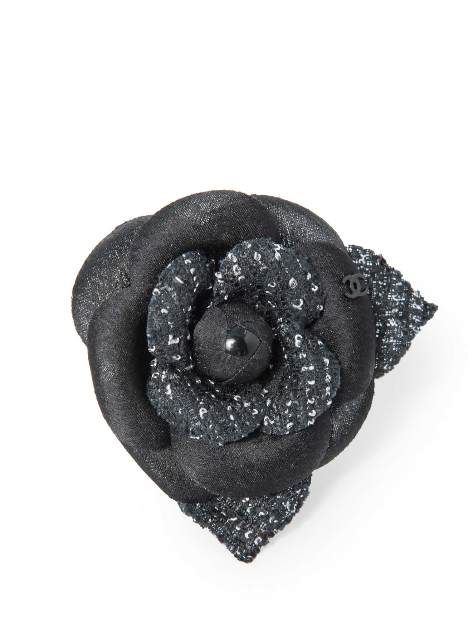 Chanel CC Logo Tweed Silk Camellia Brooch Black White