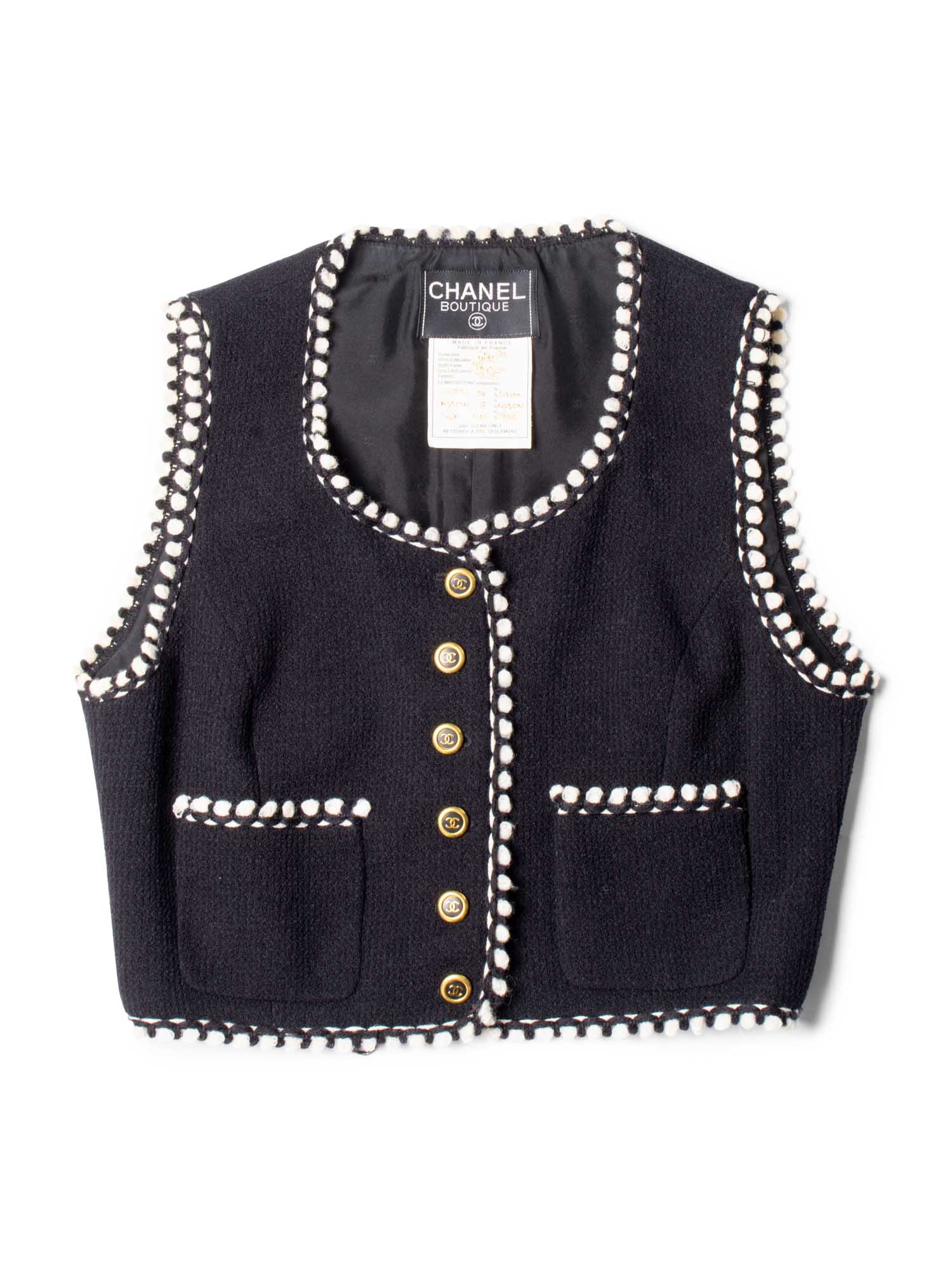 Chanel CC Logo Tweed Wool Fringe Vest Black White