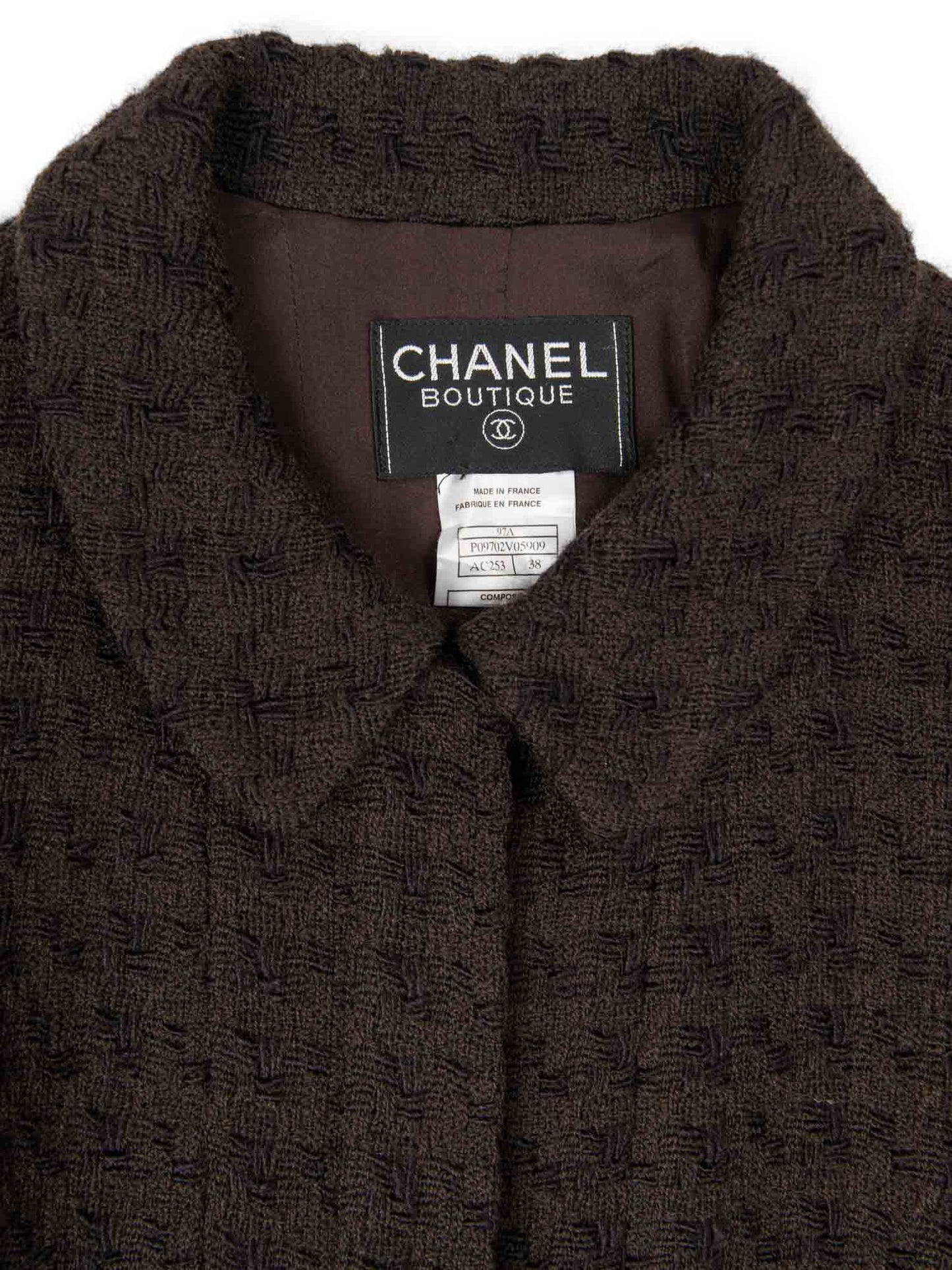 Chanel CC Logo Tweed Zip Up Jacket Brown