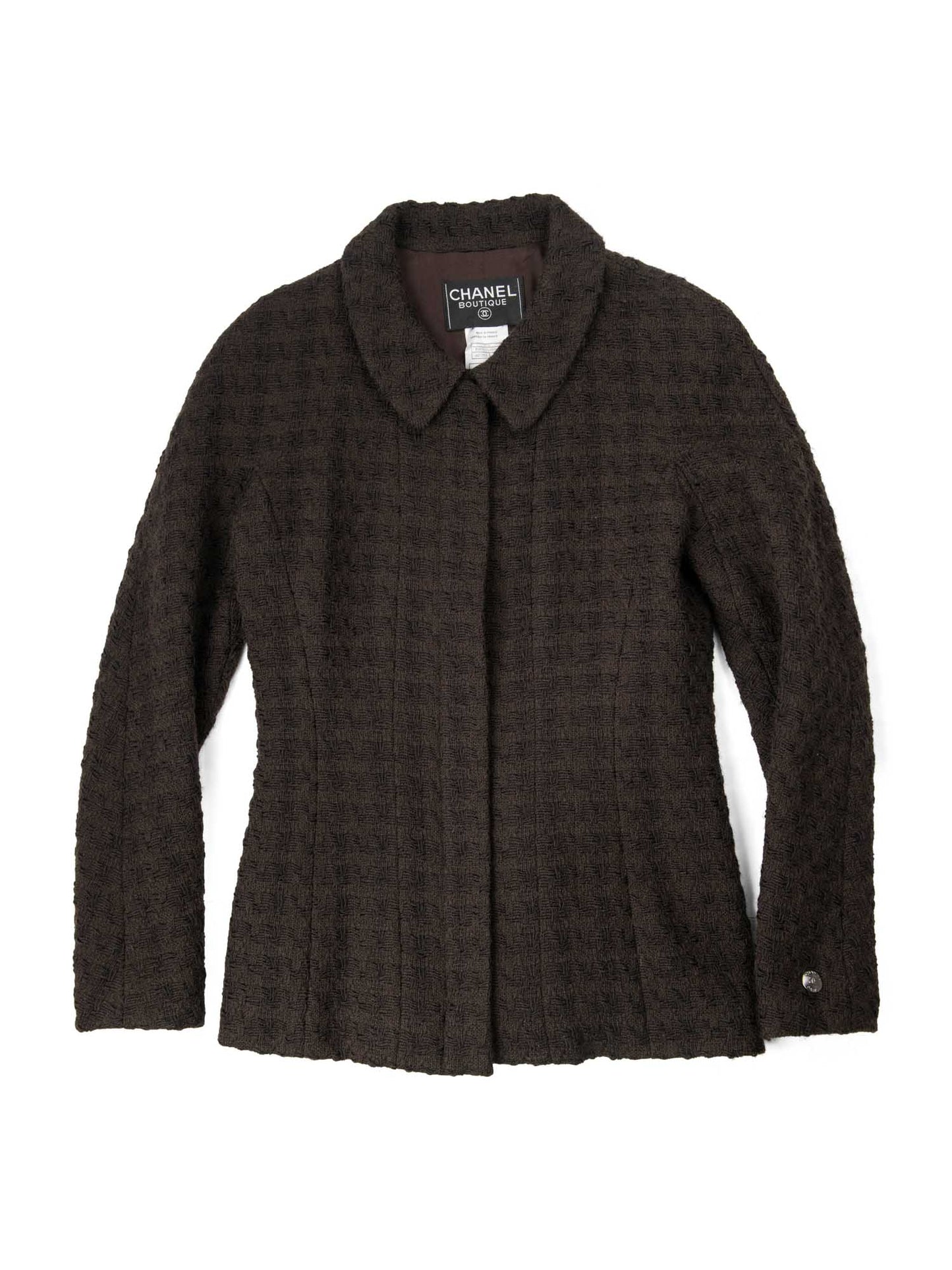 Chanel CC Logo Tweed Zip Up Jacket Brown