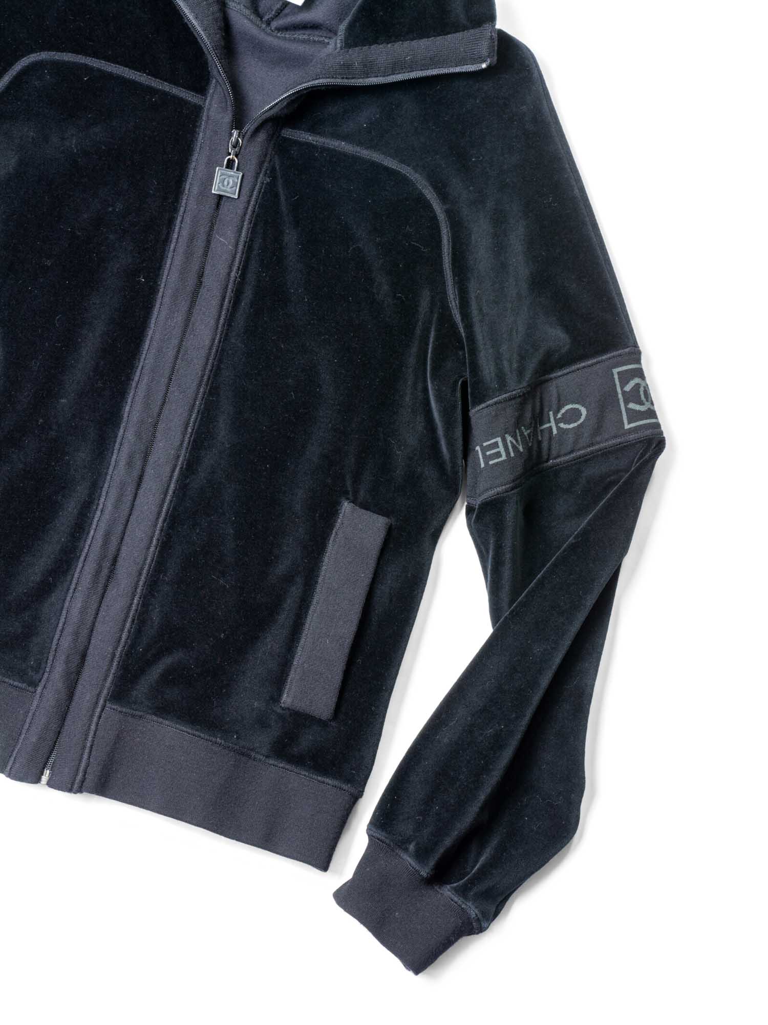 Chanel CC Logo Velvet Zip Up Sweatshirt Black