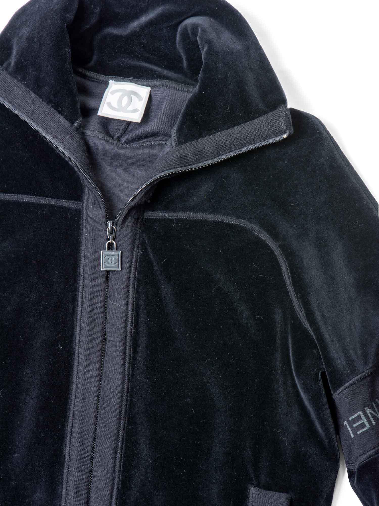 Chanel CC Logo Velvet Zip Up Sweatshirt Black
