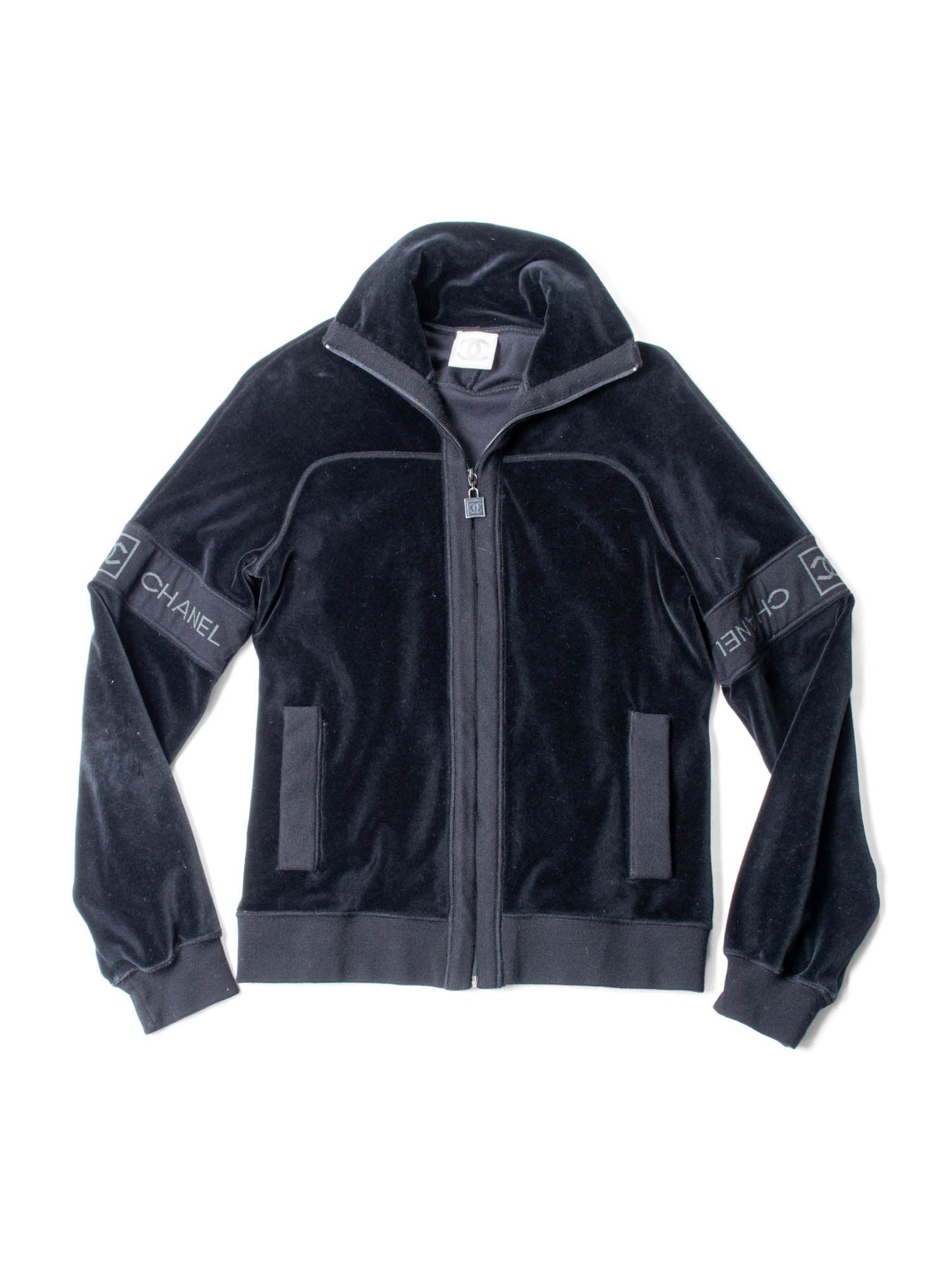 Chanel CC Logo Velvet Zip Up Sweatshirt Black