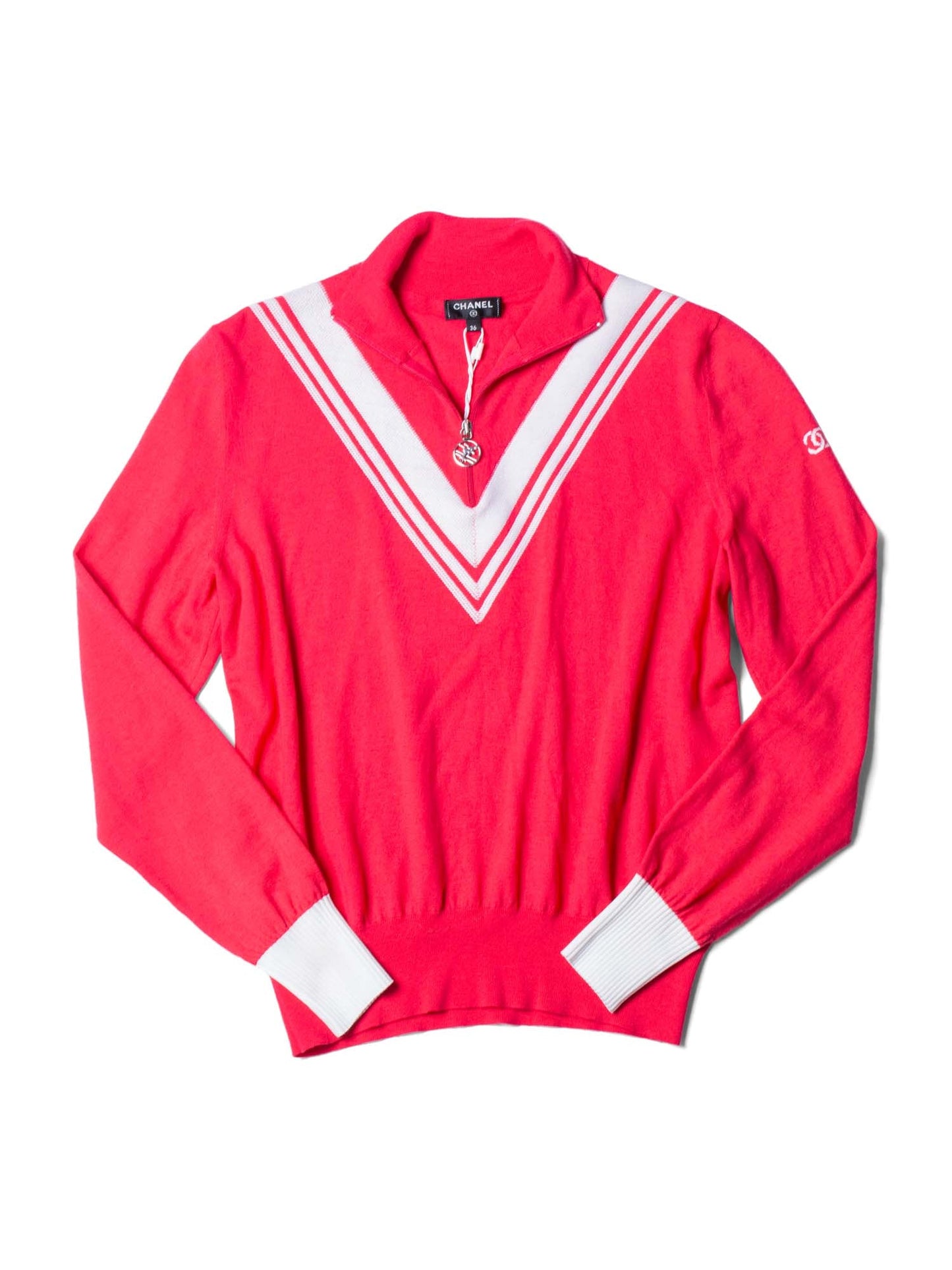 Chanel CC Logo Wool Chevron Sweater Pink White