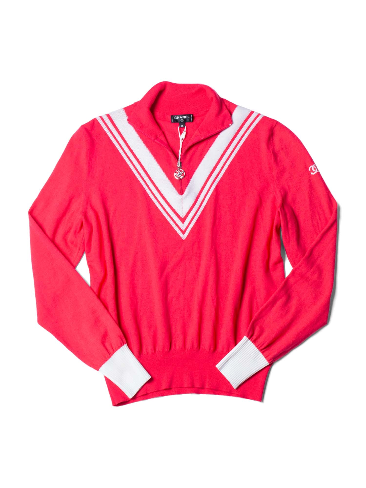 Chanel CC Logo Wool Chevron Sweater Pink White