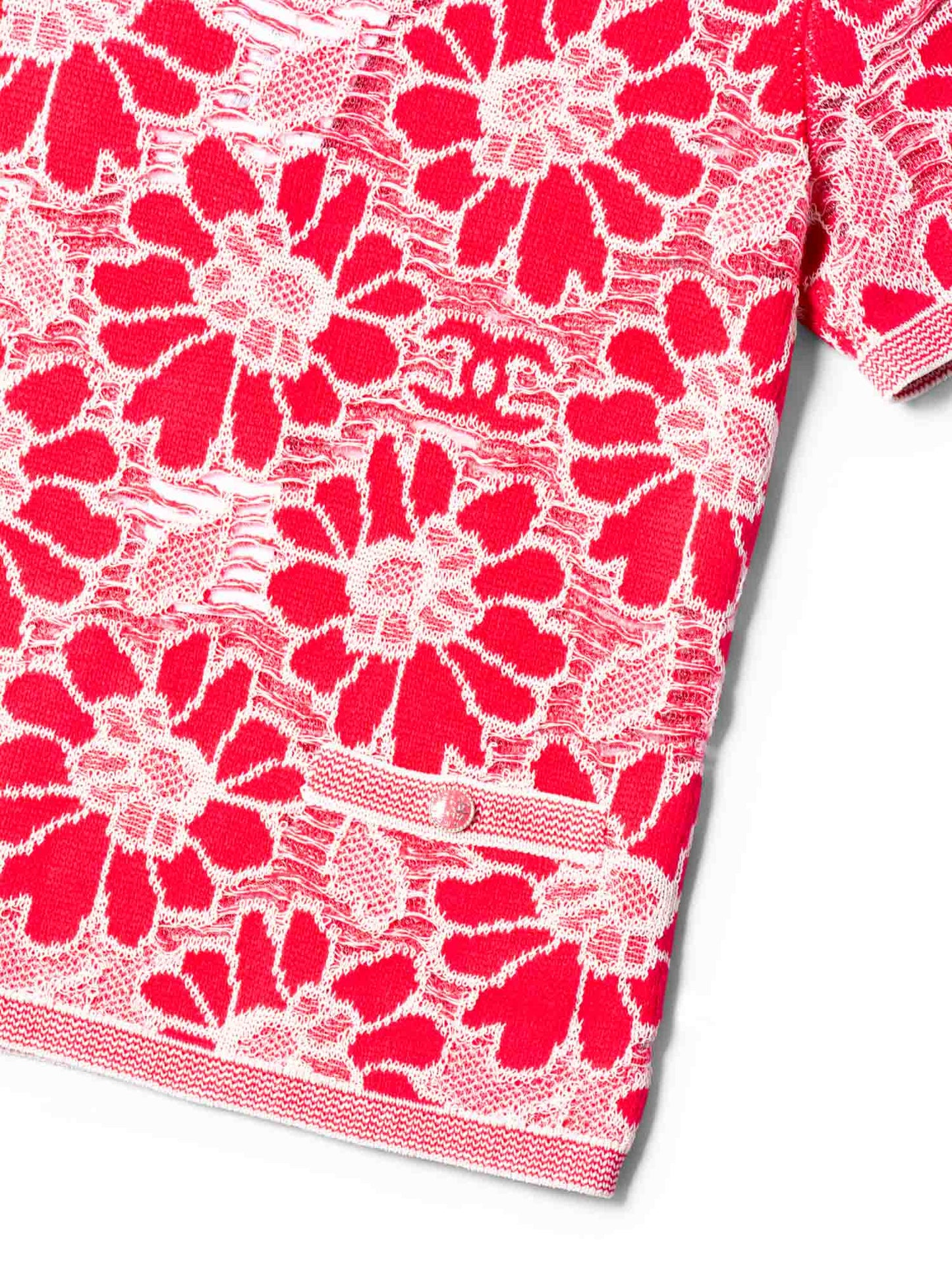 Chanel CC Logo Wool Cotton Floral Eyelet Embroidered Top Pink White