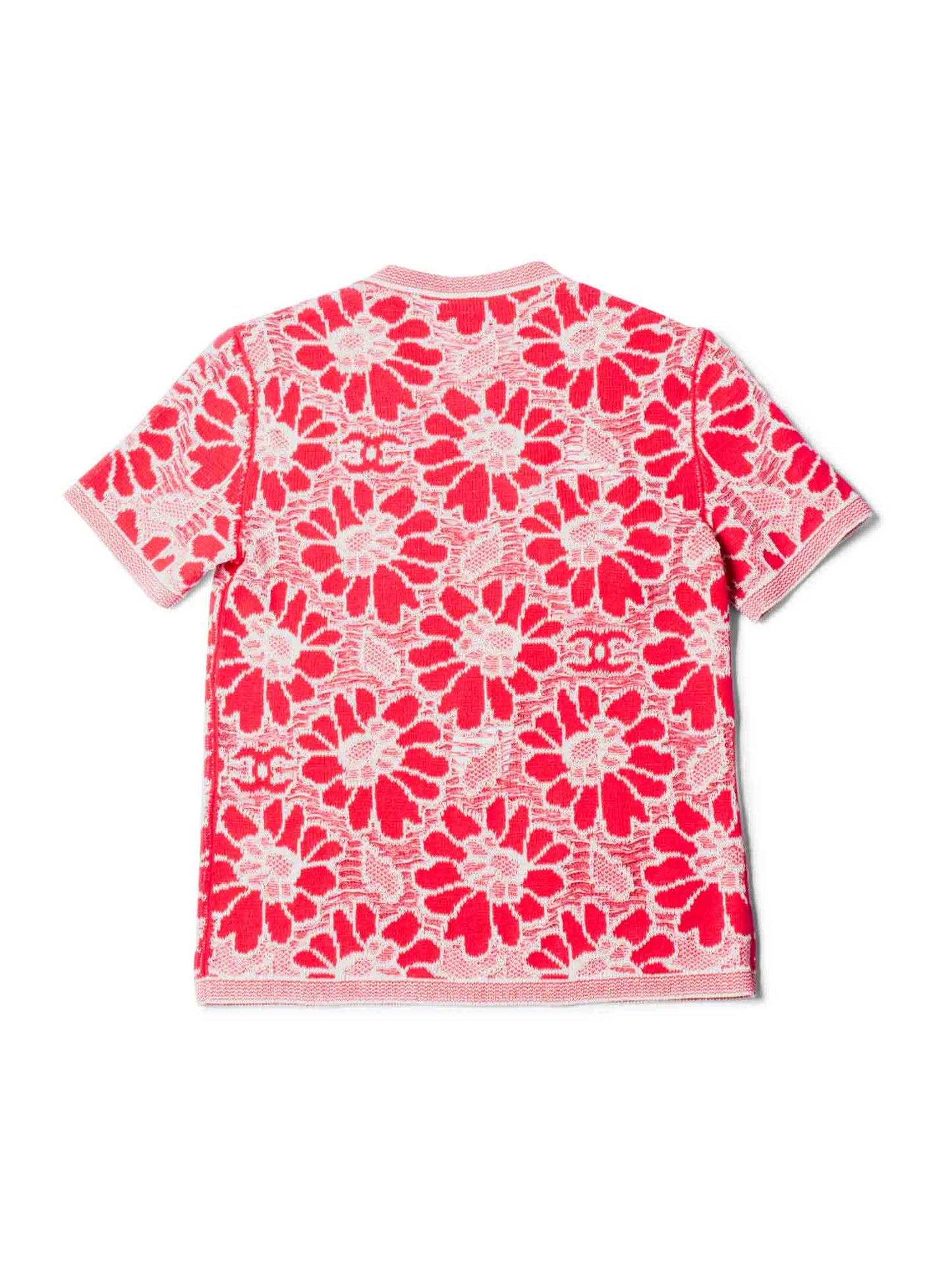 Chanel CC Logo Wool Cotton Floral Eyelet Embroidered Top Pink White