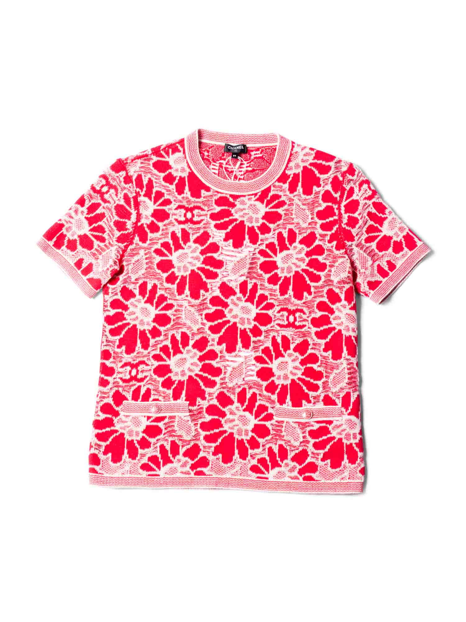 Chanel CC Logo Wool Cotton Floral Eyelet Embroidered Top Pink White