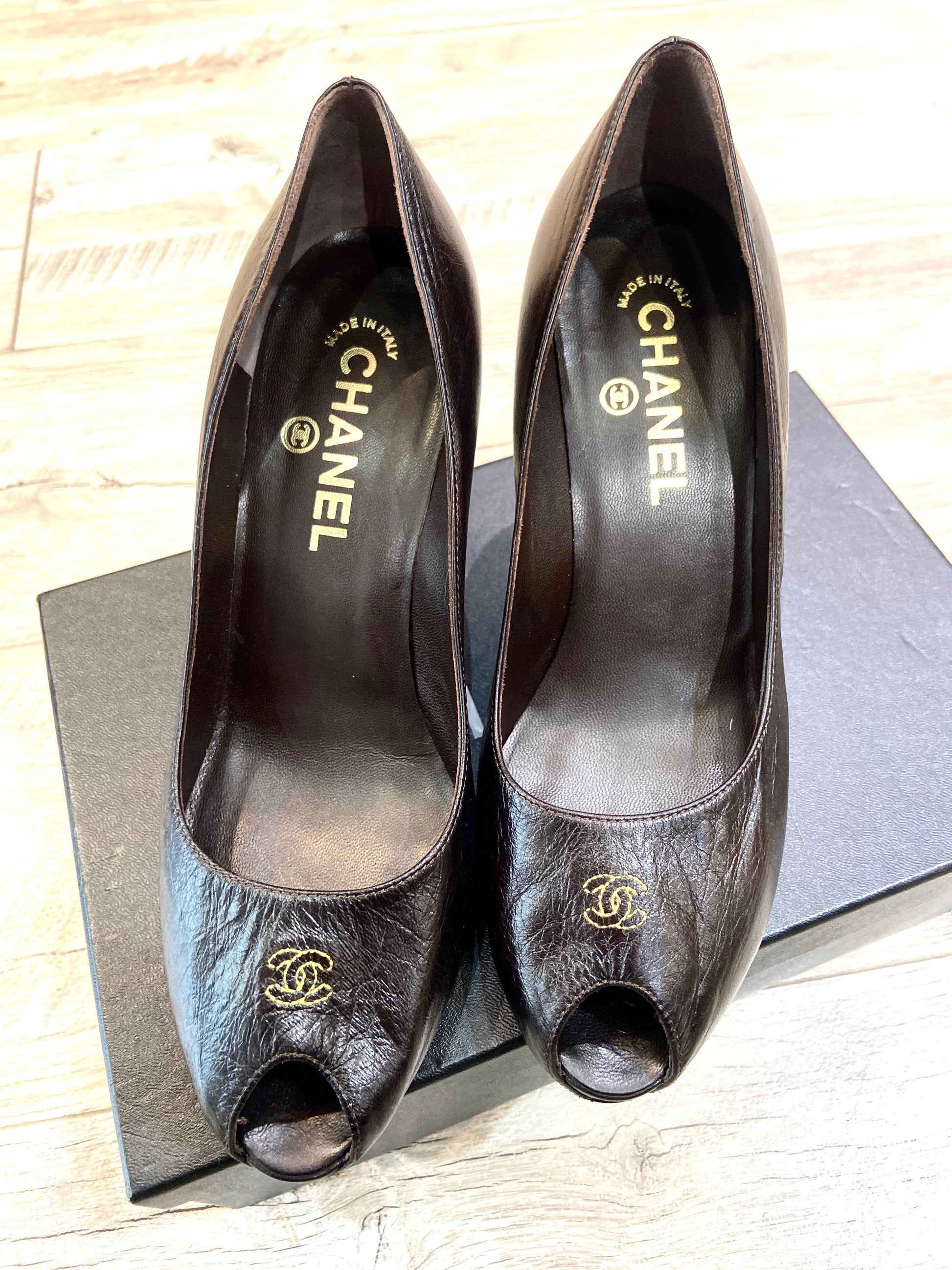 Chanel Cc Calfskin Leather Peep Toe Pumps Women Shoes