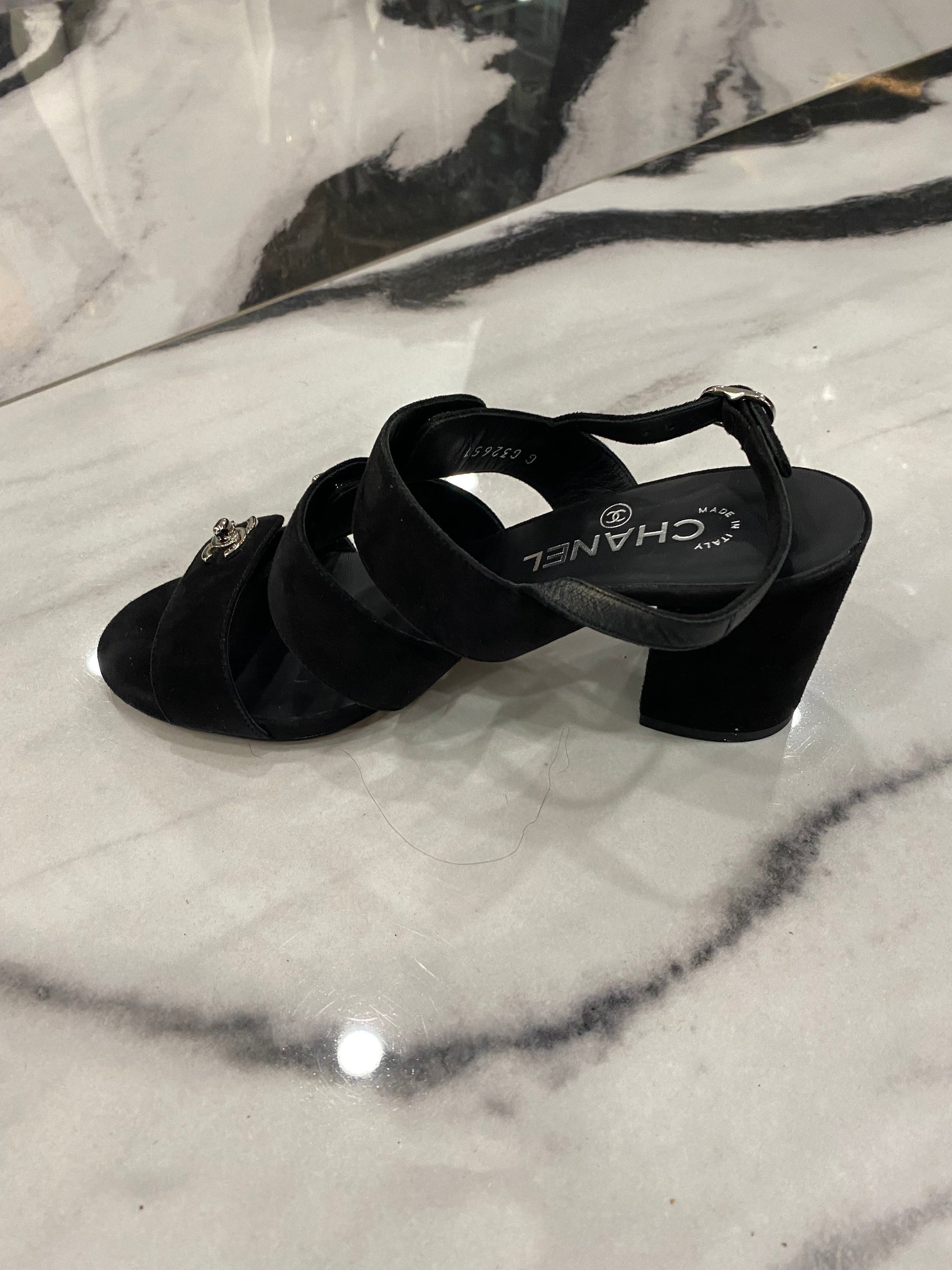 CHANEL CC TURLOCK SUEDE SANDALS