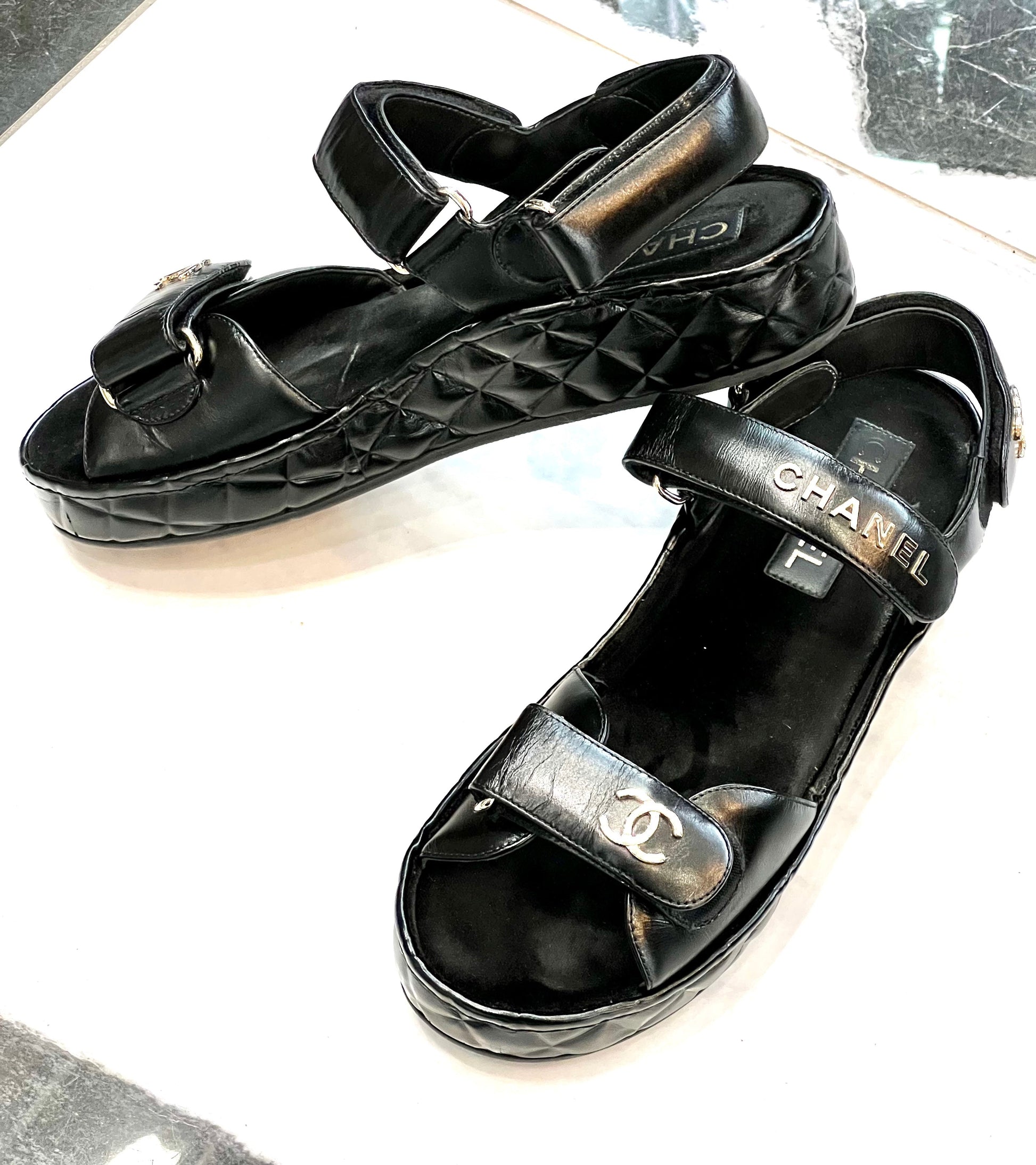 CHANEL CC LOGO VELCRO STRAP SANDALS