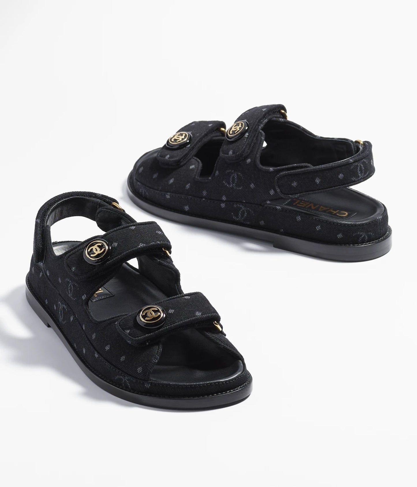 CHANEL CC VELCRO PRINTED DENIM SANDALS