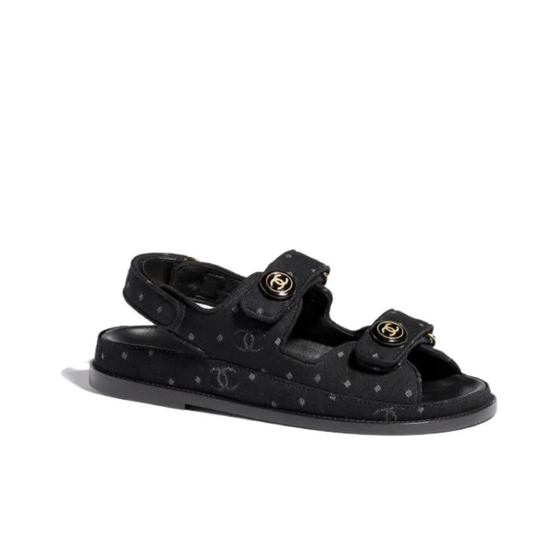CHANEL CC VELCRO PRINTED DENIM SANDALS