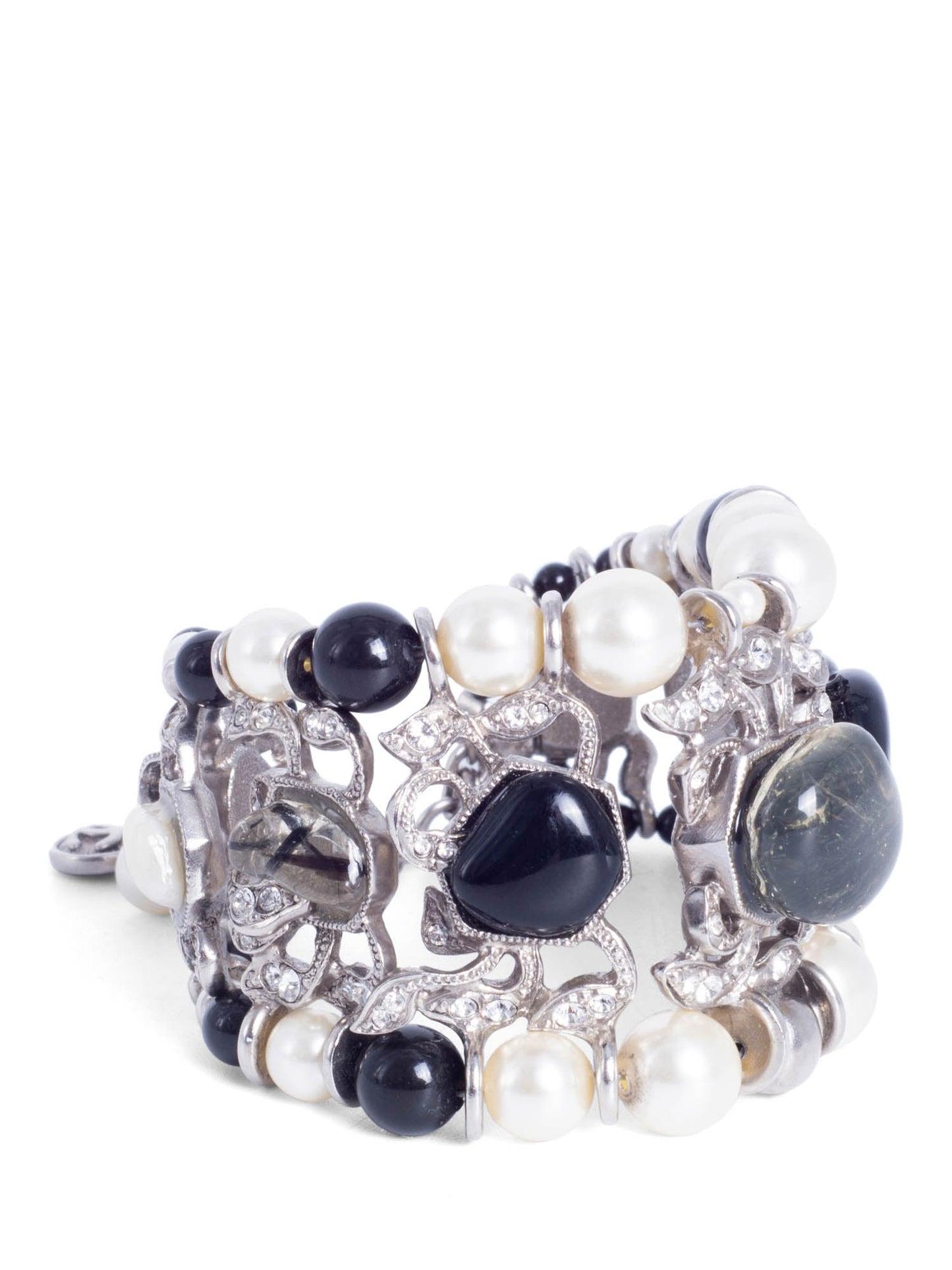 Chanel Cabochon Silver Pearl Bracelet White Black