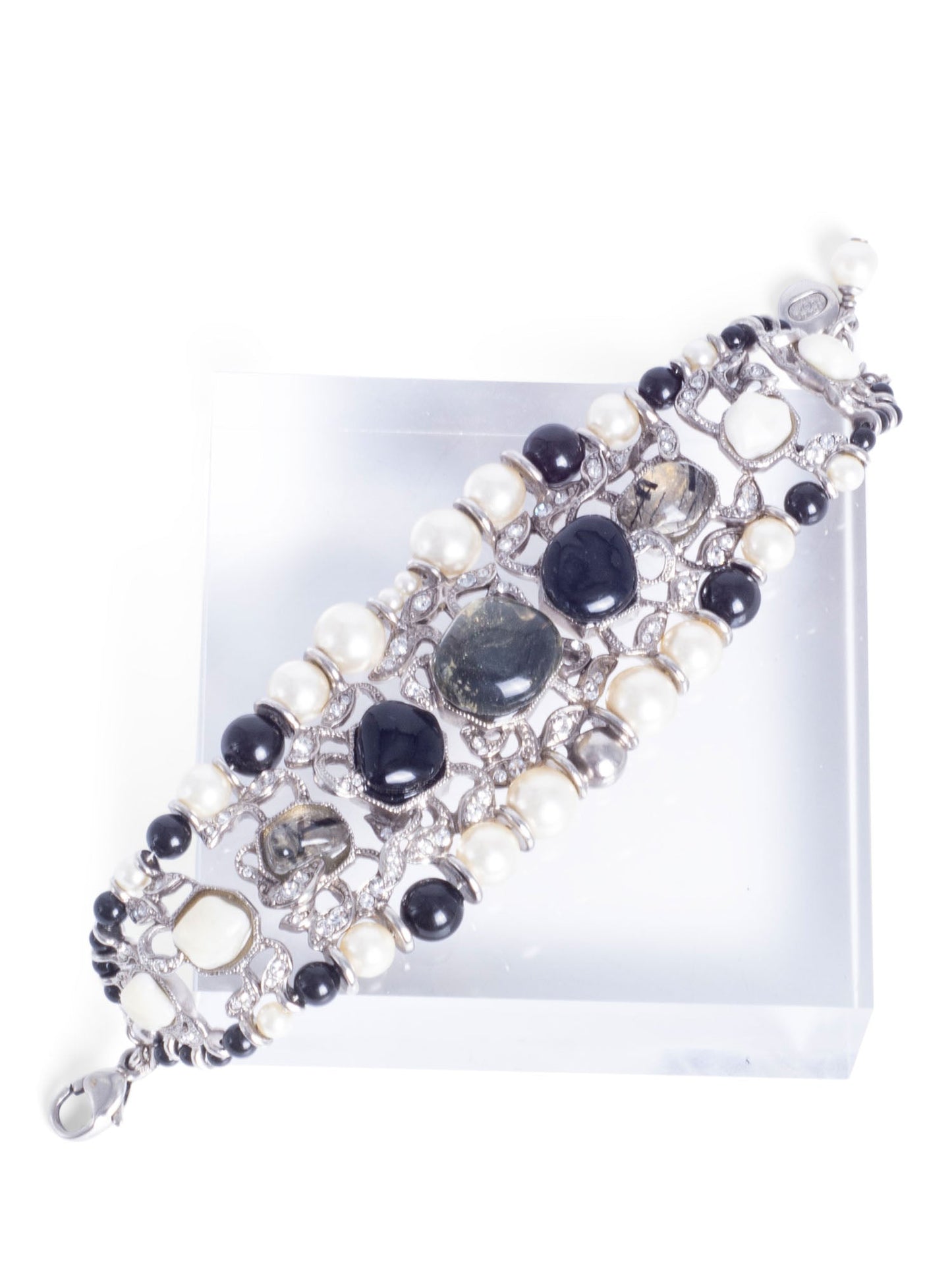 Chanel Cabochon Silver Pearl Bracelet White Black