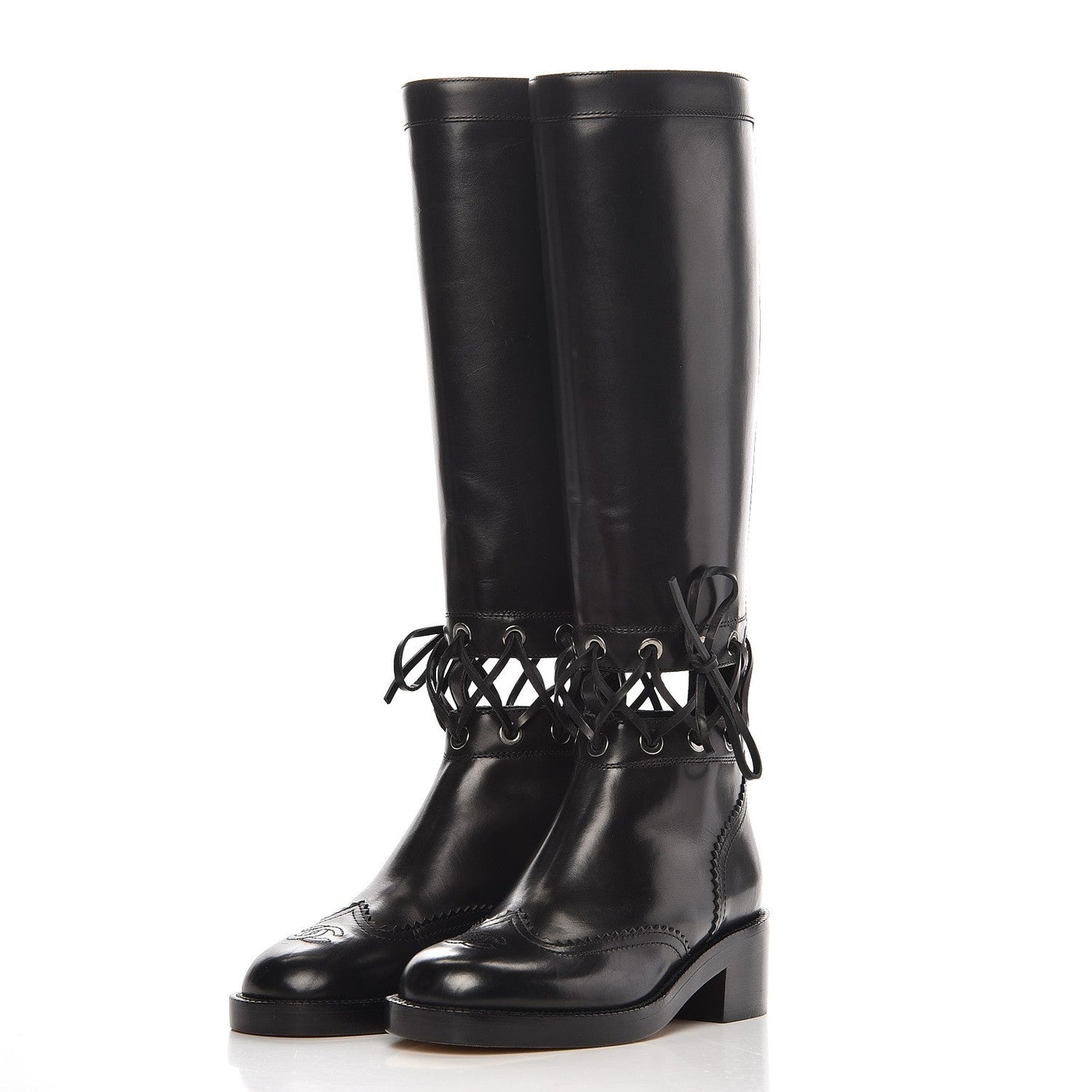 CHANEL CC CALFSKIN CROSS STITCH CUT OUT KNEE HIGH BOOTS