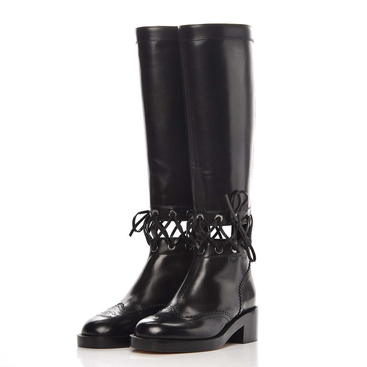 CHANEL CC CALFSKIN CROSS STITCH CUT OUT KNEE HIGH BOOTS