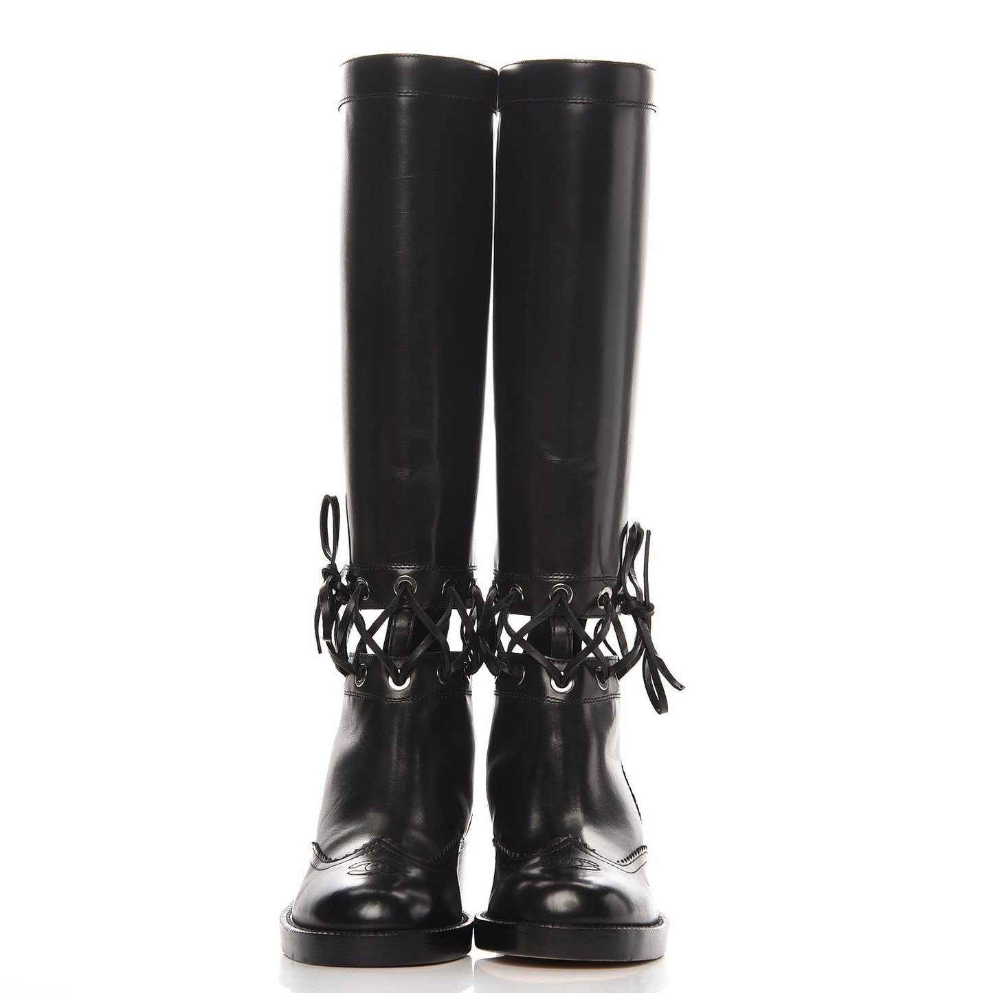 CHANEL CC CALFSKIN CROSS STITCH CUT OUT KNEE HIGH BOOTS