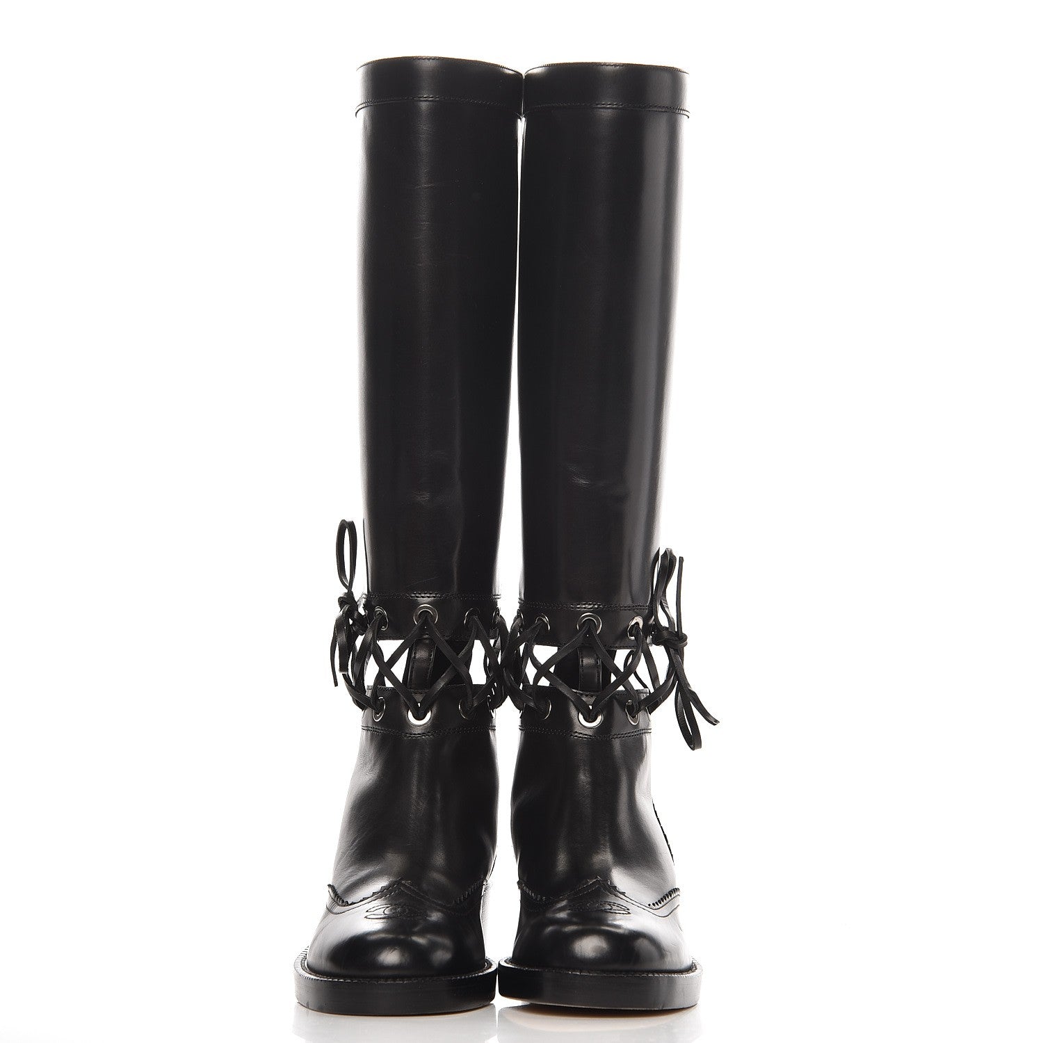 CHANEL CC CALFSKIN CROSS STITCH CUT OUT KNEE HIGH BOOTS