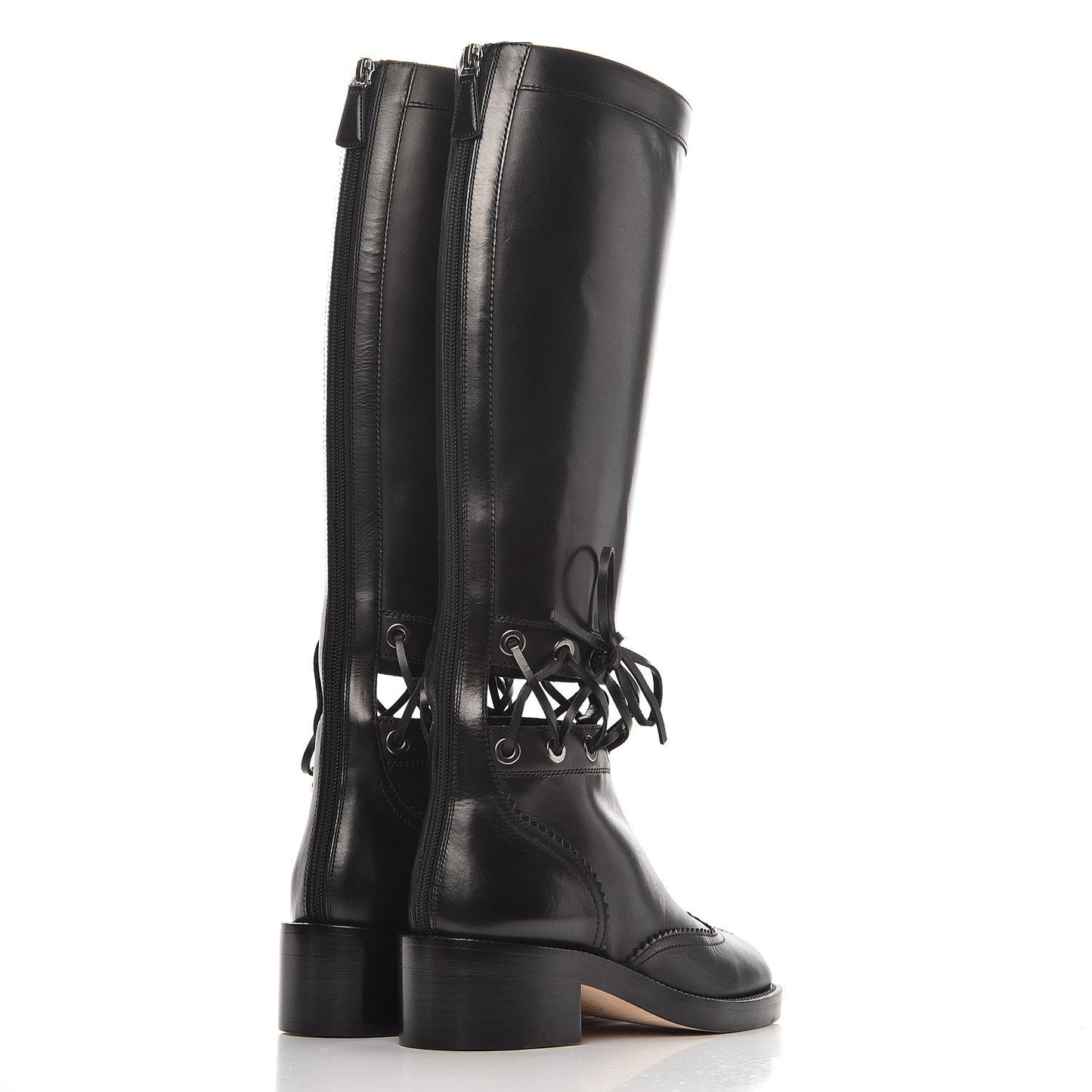 CHANEL CC CALFSKIN CROSS STITCH CUT OUT KNEE HIGH BOOTS