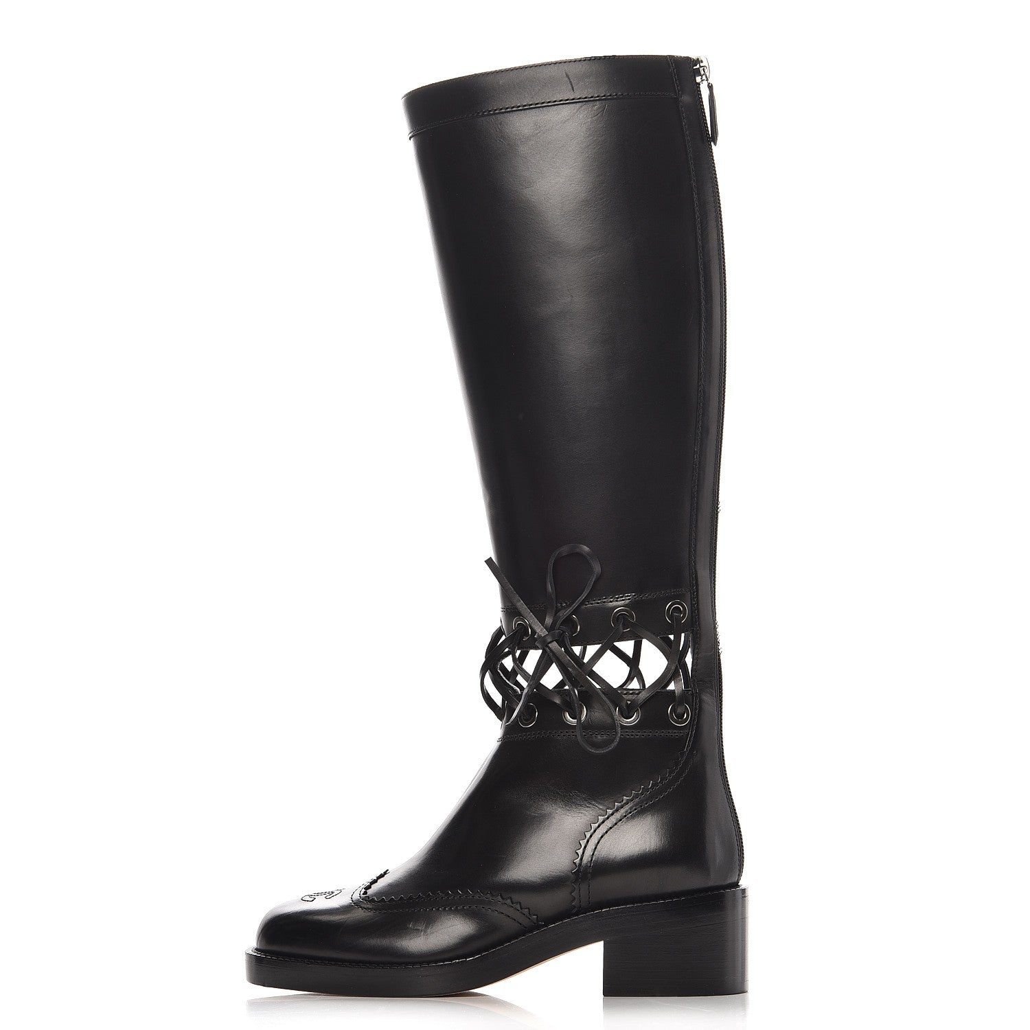 Chanel CC Calfskin Cross Stitch Cut Out Knee High Boots for Women