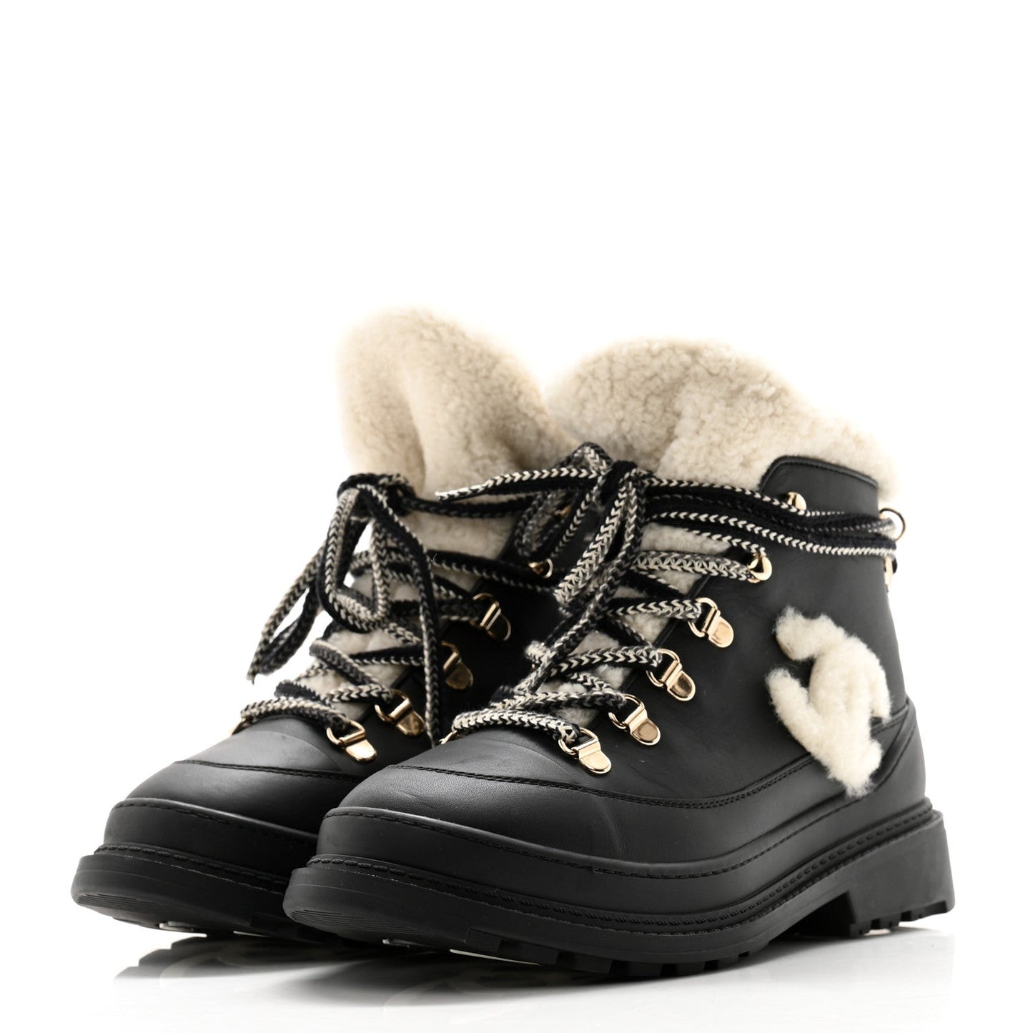 Chanel CC Calfskin Leather Shearling Lace Up Boots for Women