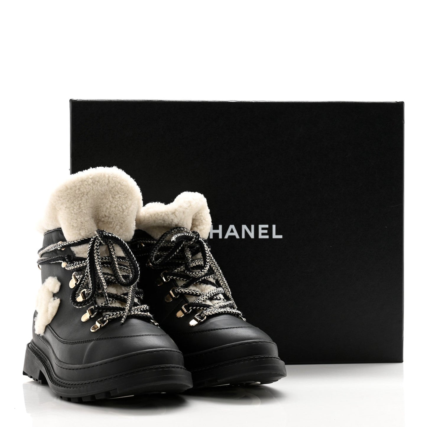 CHANEL CC CALFSKIN LEATHER SHEARLING LACE-UP BOOTS