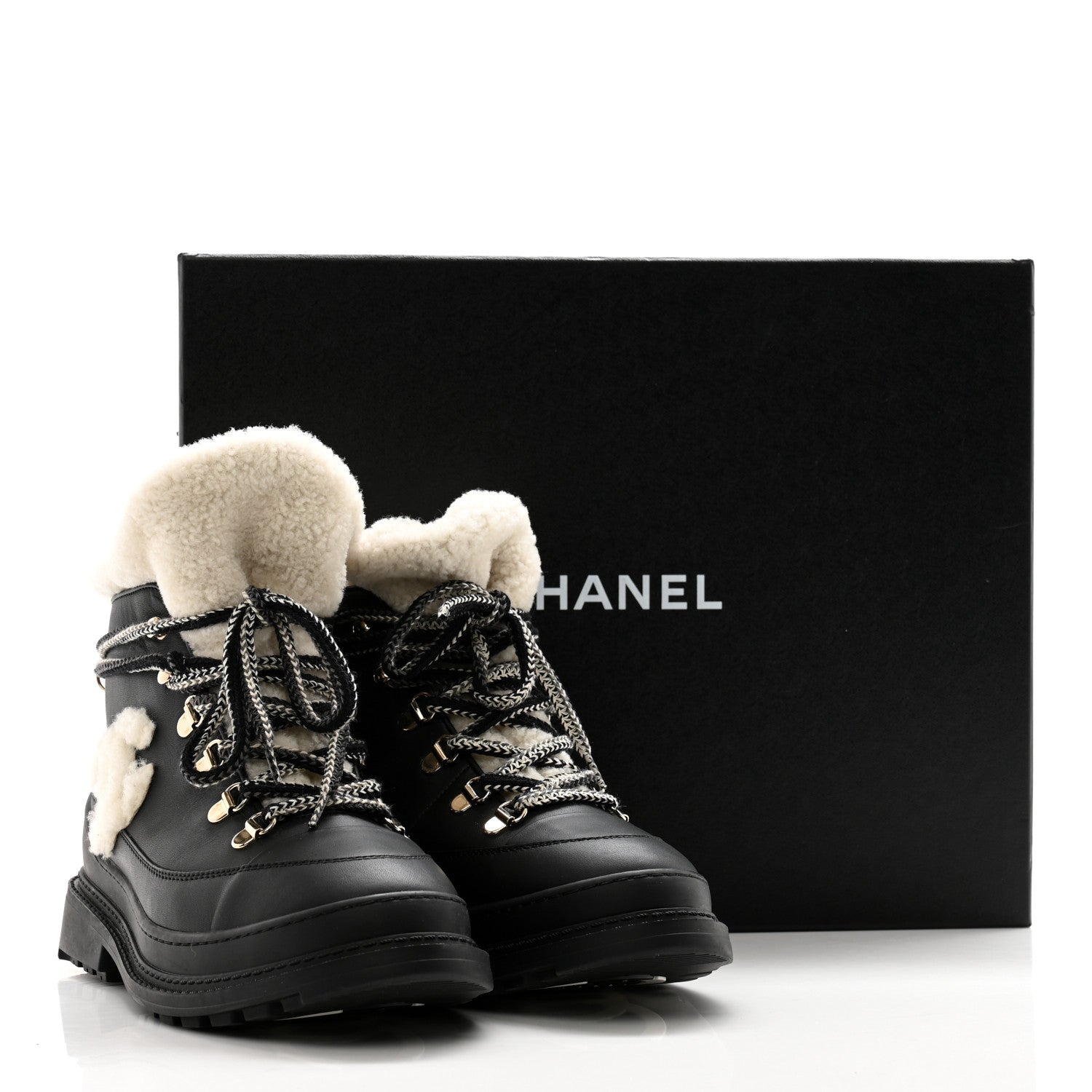 CHANEL CC CALFSKIN LEATHER SHEARLING LACE-UP BOOTS
