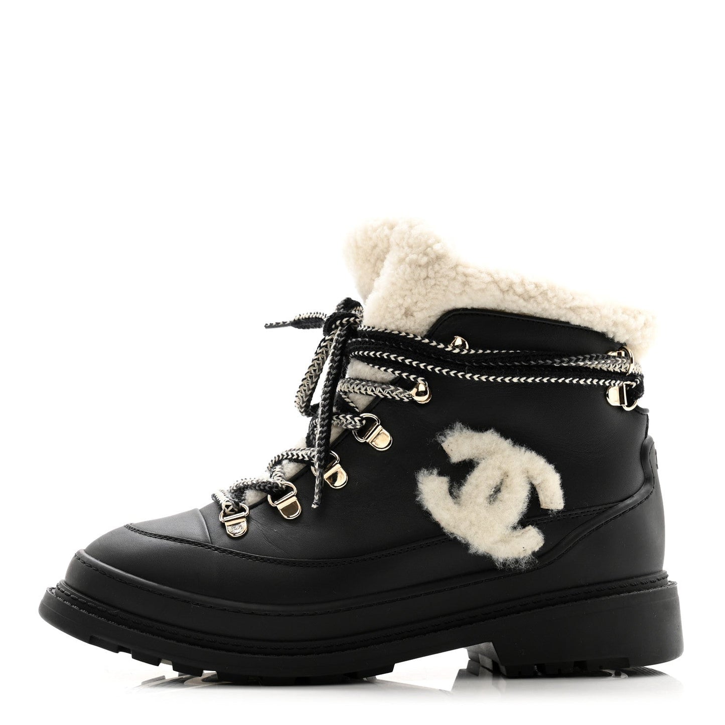 Chanel CC Calfskin Leather Shearling Lace Up Boots for Women