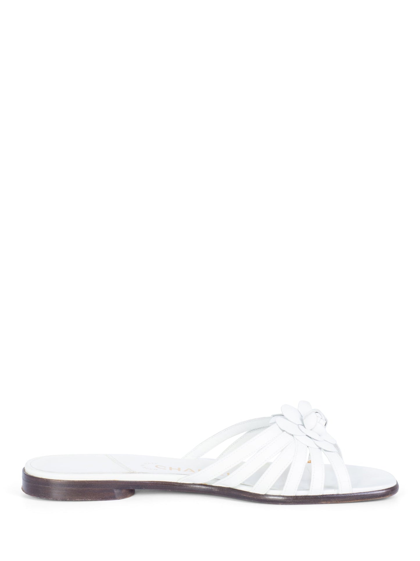 Chanel Cameilla Leather Slip On Strap Sandals White