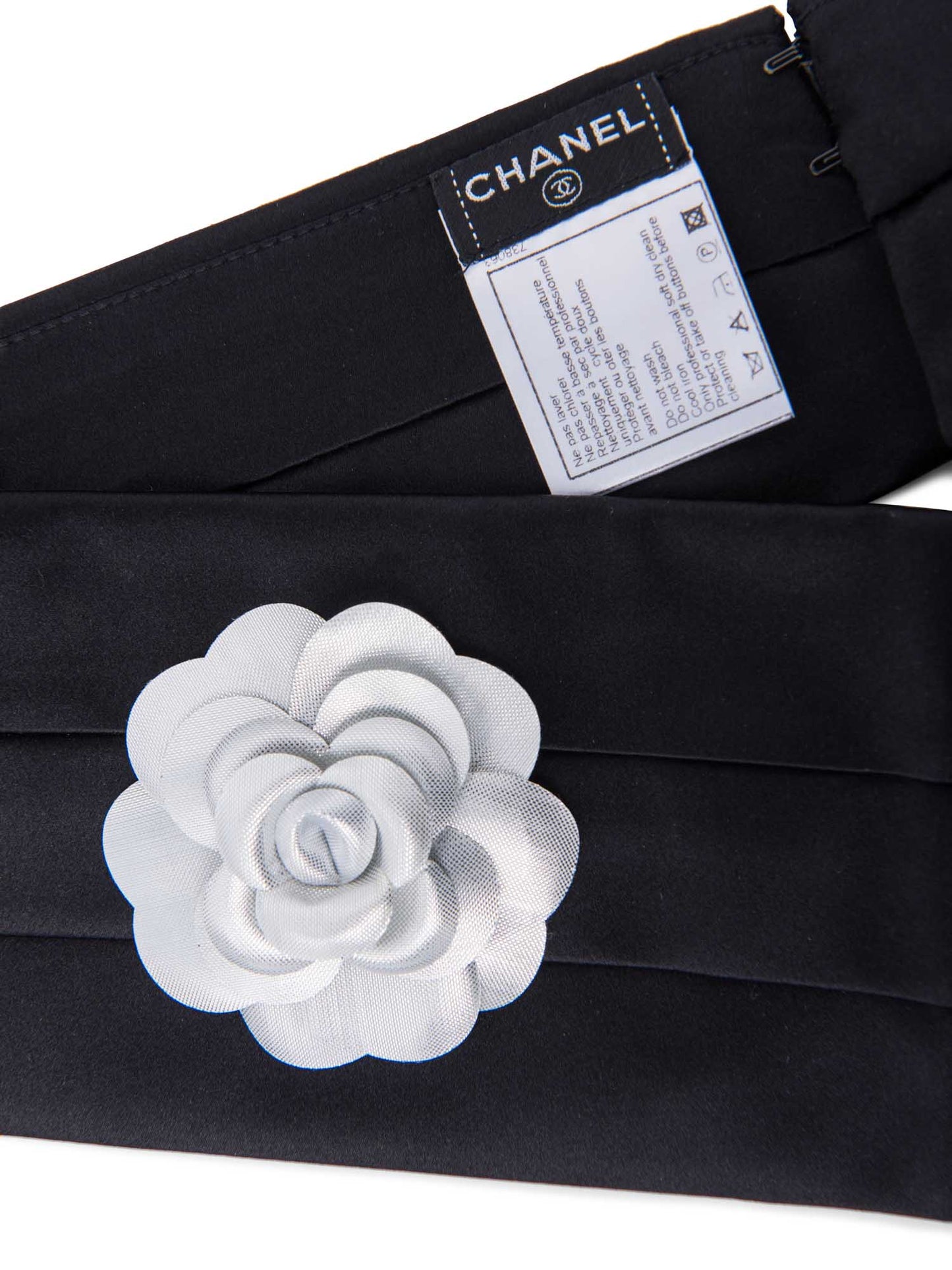 Chanel Camelia Pleated Satin Silk Belt Black
