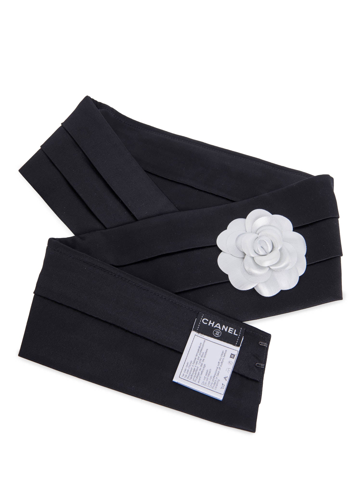 Chanel Camelia Pleated Satin Silk Belt Black
